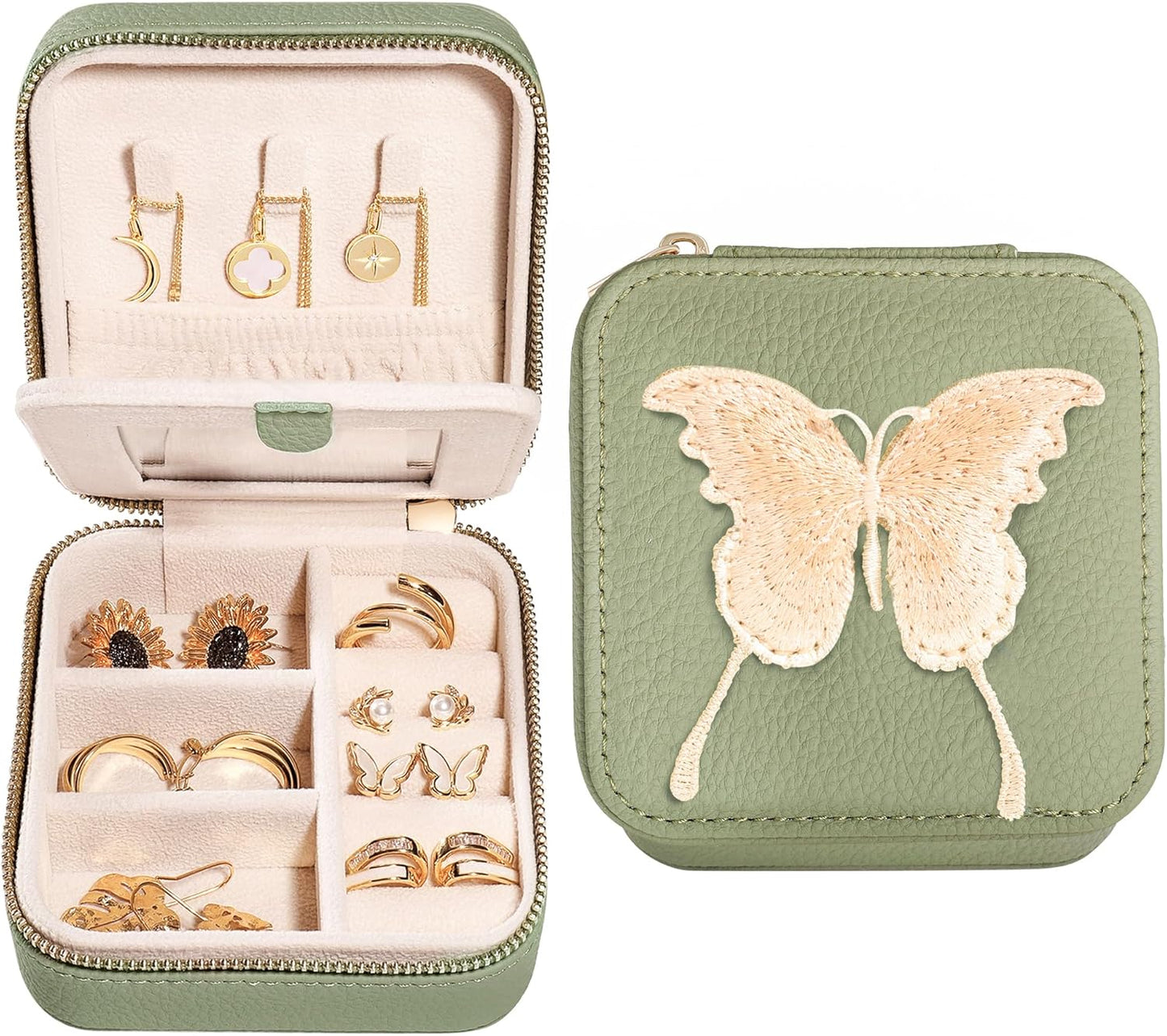 S.Leaf Travel Jewelry Organizer Boxes for Women Small Portable Necklace Earrings Bracelet Rings Travel Case Best Friend Birthday Gifts for Women Trendy (Butterfly_Fadegreen_Gold)