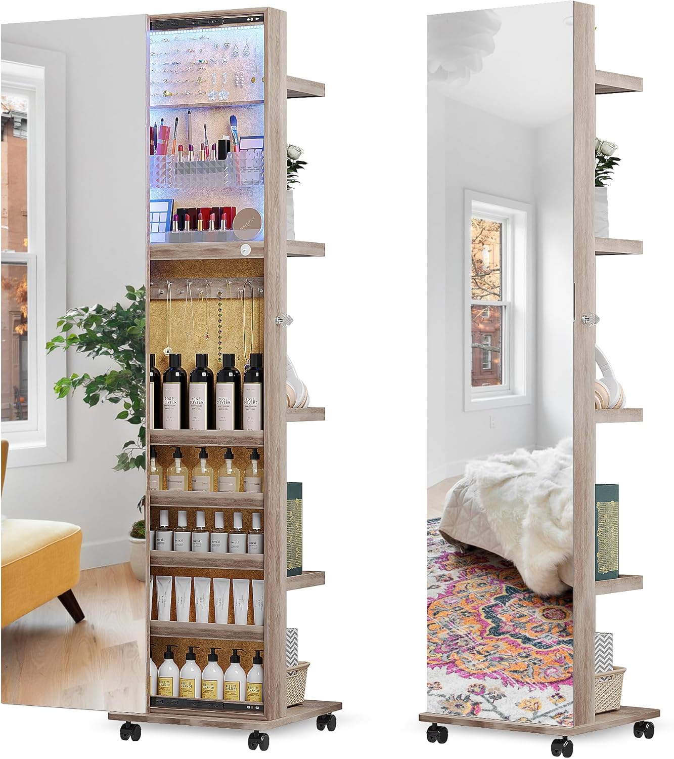 HNEBC 360° Rotating LED Jewelry Armoire, Full Length Mirror with Jewelry Storage Rear Storage Shelves, Floor Standing 3 Color Dimmable Mirror Jewelry Organizer with 4 Lockable Wheels (Brown)