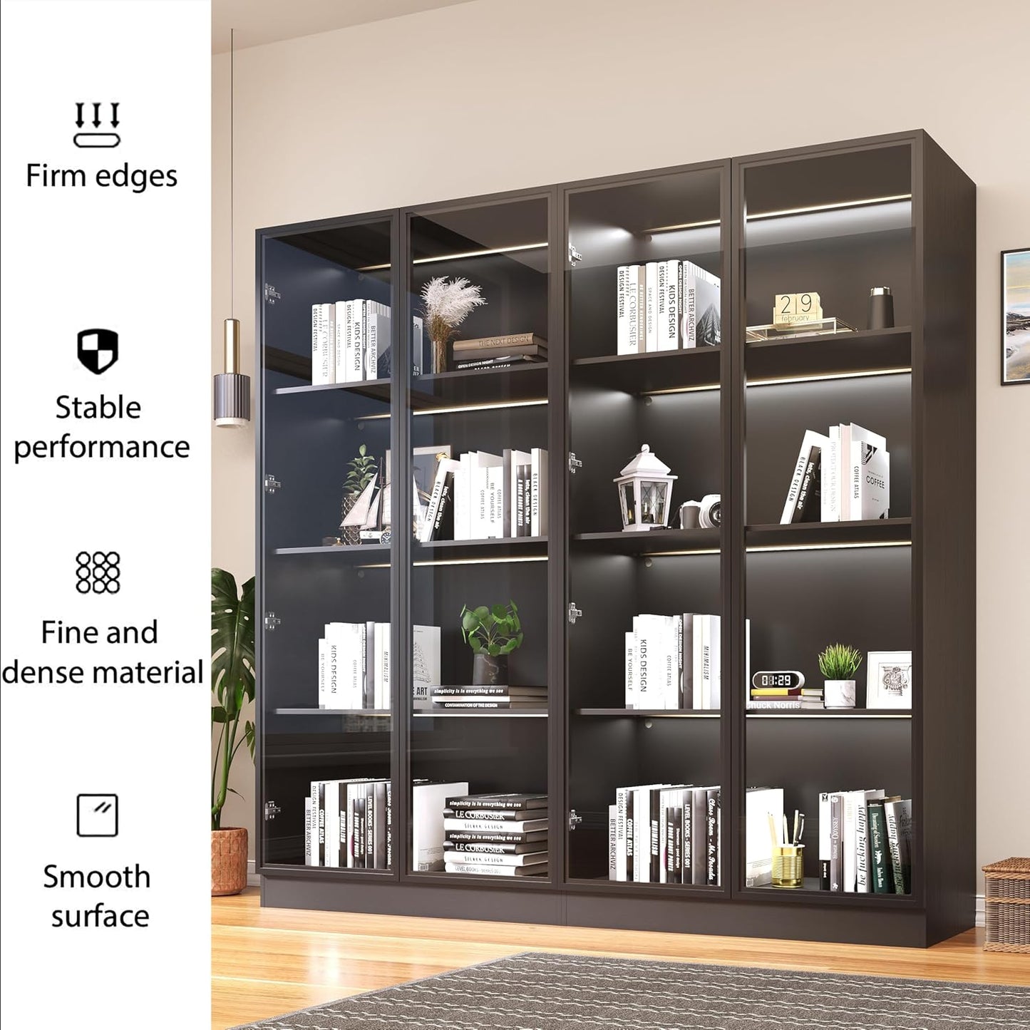 Wooden Display Storage Cabinet with Glass Door, LED Lights,Showcase for Collections, Perfume, Vinyl Albums, Bookcase for Home Office, Living Room, Clinic, Pantry (Black- 4 Layers)