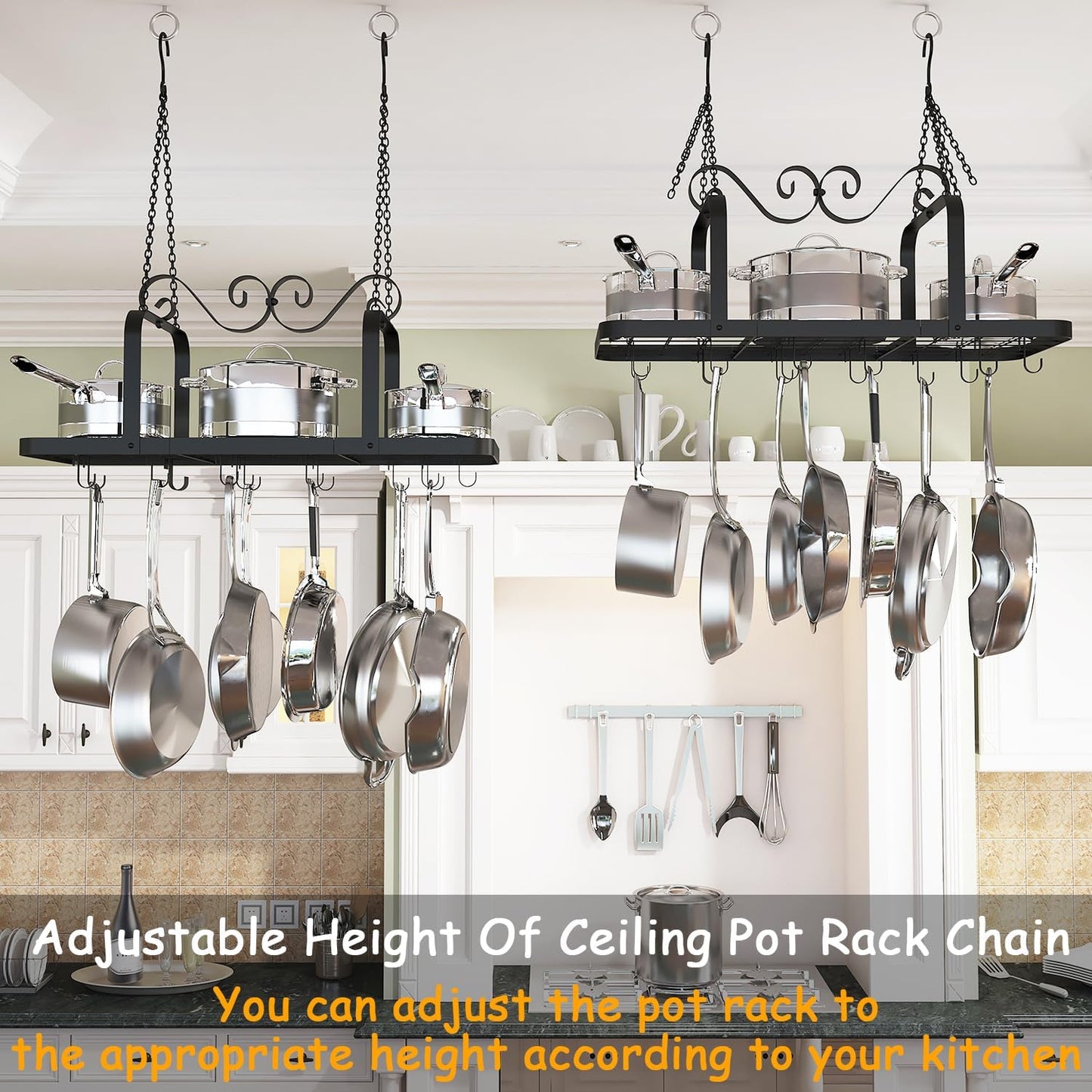 33” Black Pot Rack Hanging, Heavy Duty Metal Ceiling Pot Rack with 15 Hooks, Pot and Pan Hanging Rack Organizer for Kitchen Cookware Utensils