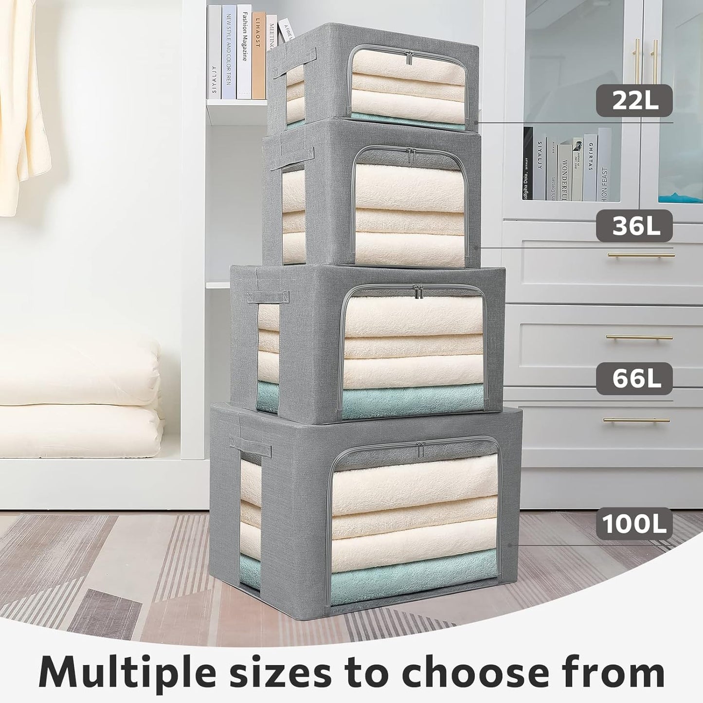 FHSQX 2 Pack Clear Window Storage Bins Foldable Fabric Storage Bins Boxes for Clothes Stackable Box Organizer Set with Carrying Handles (Gray,22L, 15.7x 11.8x 7.8 Inch)