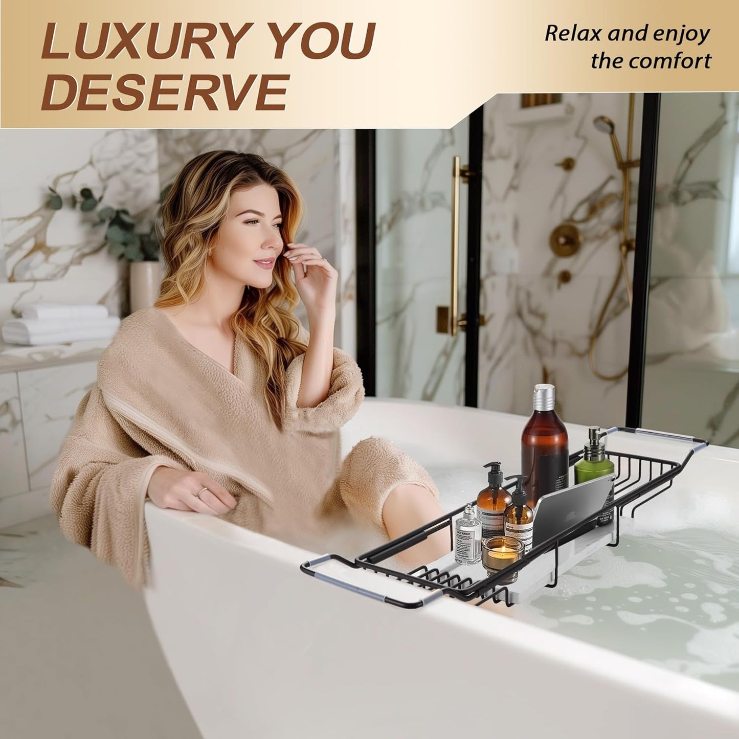 BVL Bathtub Tray Stainless Steel with Marble Base Matte Black Bathtub Tray with White Marble Base Adjustable & Rustproof Bath Caddy for Spa, Relaxation, Bath Bombs