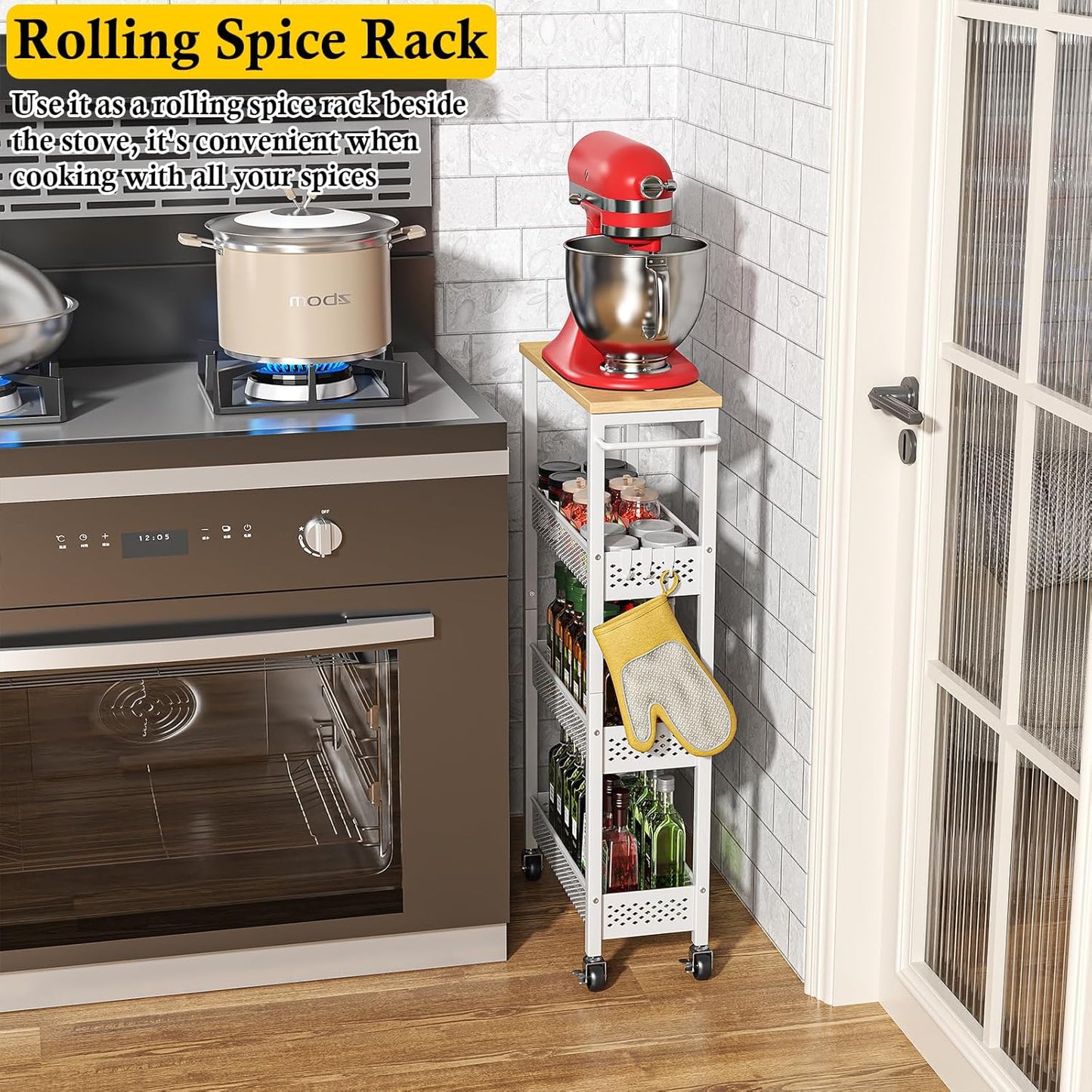 Utility Slim Storage Cart, 4 Tier Small Rolling Kitchen Laundry Room Cart with Wood Top, Metal Narrow Bathroom Storage Cabinet Mobile Shelf Unit Organizer Trolley with Handle for Narrow Space