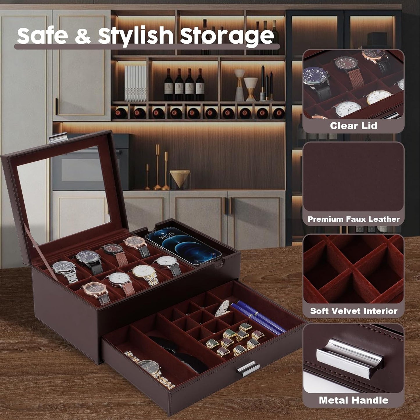 Dajasan Watch Box, Watch Case with Glass Lid, 8 Slot Watch Display Case, Large Watch Holder Organizer, Watch Storage Case for Men Women Boys Husband Dad, Gift Idea, PU Leather (Brown)