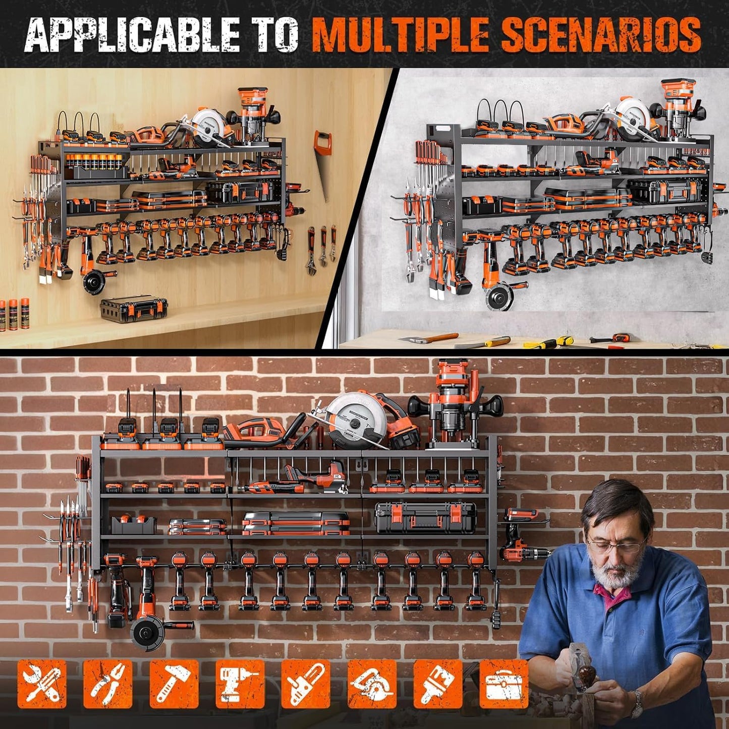 49.8" W Power Tool Organizer Wall Mount with Charging Station, Large Garage Organization with 12 cordless Drill Holder, 4 Layers Tool Organizers and Storage, Tool Rack with 6 Power Strip, Black
