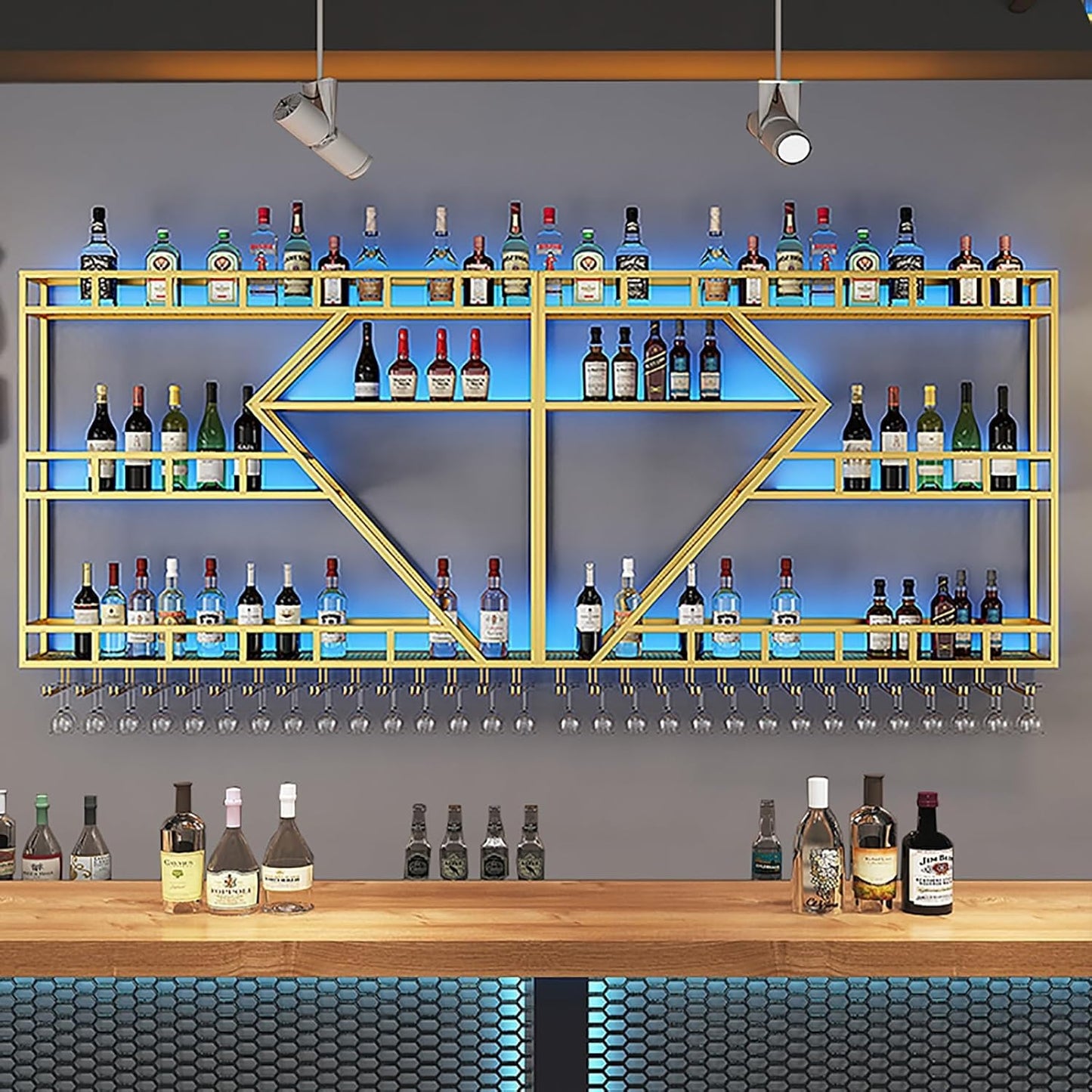 94.48in Metal Wine Rack Wall Mounted, Modern Wine Storage Rack Wall Mounted with Wine Glass Holder, Liquor Shelf, Bar Shelves for Liquor Bottles (3TIERS Gold, 94.48 * 7.87 * 33.85INCH)