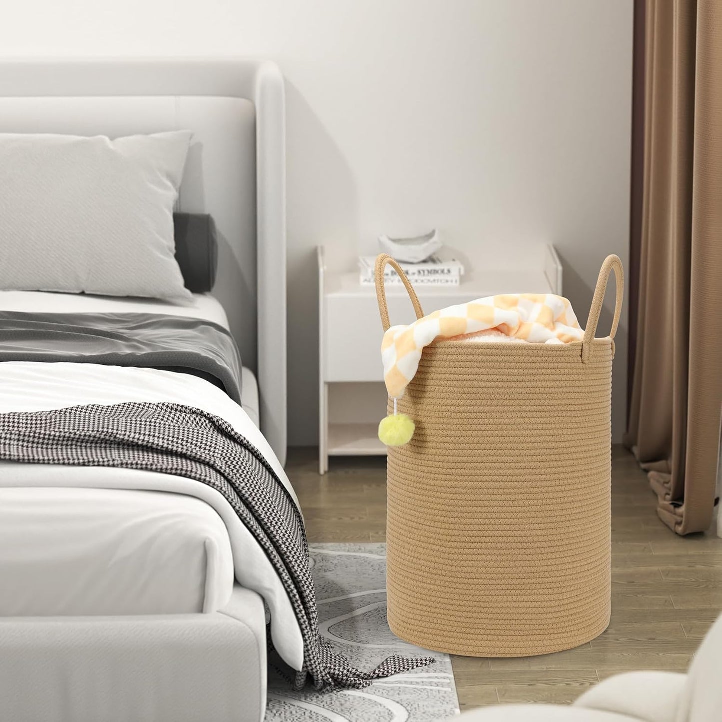 58L Cotton Rope Laundry Basket (20"x15"),Woven Basket for Storage Dirty Clothes Basket for Laundry, Living Room, Nursery, Bedroom Rope Storage Basket for Blankets(Brown)