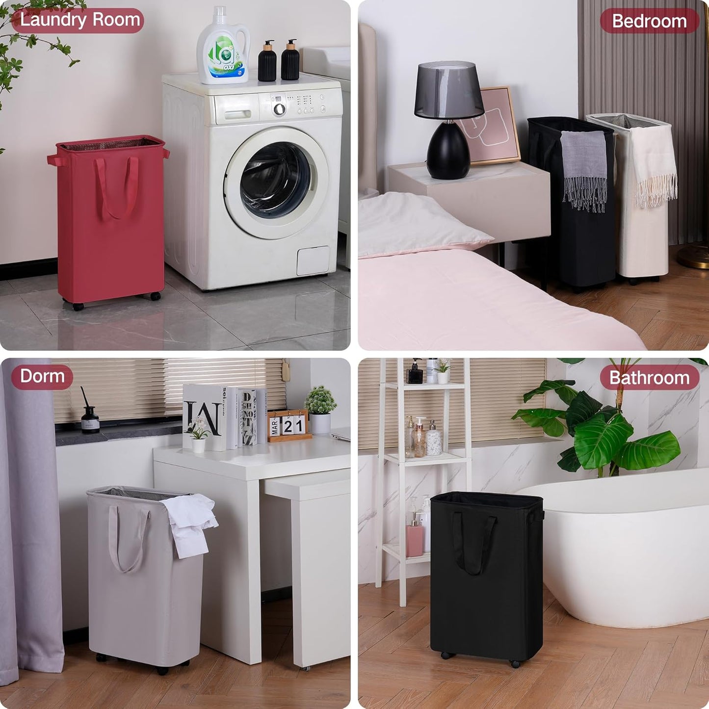 efluky Slim Laundry Hamper with Wheels, Rolling Laundry Basket for Clothes, Small Laundry Basket for Bedroom, Dorm and Laundry Room, 60L (12.7 Gallons) Burgundy Red