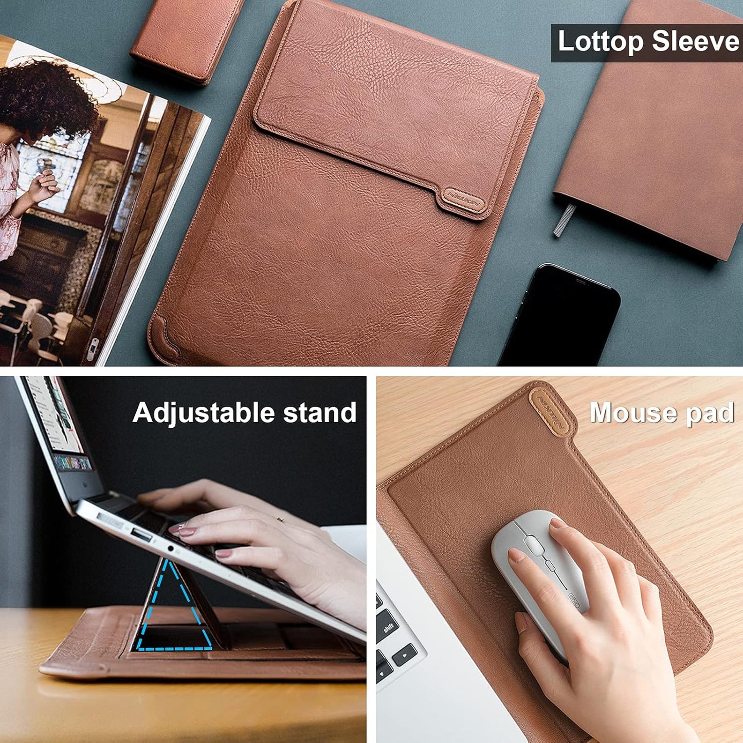 Nillkin Laptop Sleeve 15.6 inch, MacBook Sleeve with Adjustable Stand & Mouse Pad, 2 Stand Modes, 15 inch Laptop Case, Slim MacBook Accessories for Samsung/Surface/Chromebook/HP 13-15.6 inch, Brown