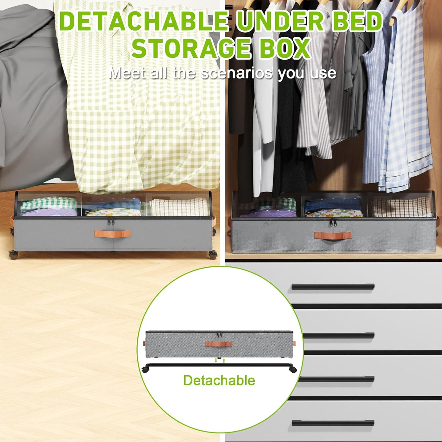 Under Bed Storage with Wheels, 1 Pack Under Bed Storage Container with Dividers & Clear Lids, Under the bed storage Organizer Bins,Underbed Storage with Wheels for Clothes,Toys,Shoes (GREY, 1 Pack)