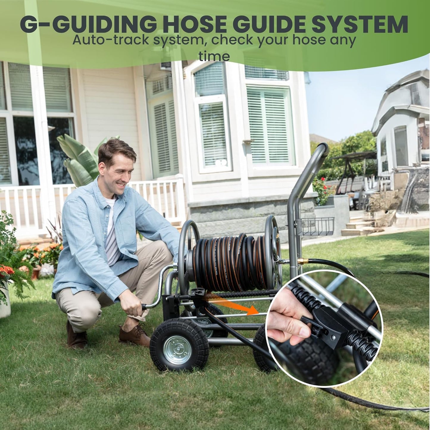 Giraffe Tools Garden Hose Reel Cart, Cart with Wheels Heavy Duty, Industrial Hose Reels for Outside, 250-Feet of 5/8" Hose Capacity, Hose Guide Pre-Installed