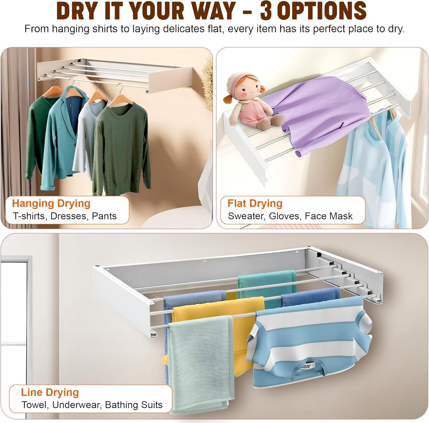 32” Foldable Clothes Drying Rack Wall Mounted - Laundry Drying Rack Collapsible with 4 Steel Poles - Wall Mounted Laundry Room Organization and Storage for Kitchen, Bathroom, Indoor-Outdoor Use