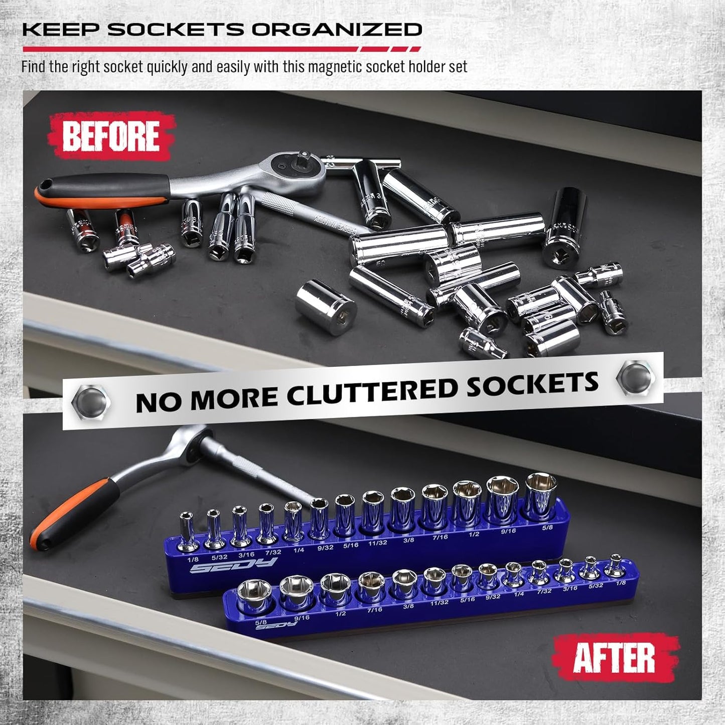 2-Piece 1/4"-Drive SAE Magnetic Socket Organizer Set (Holds 26 Sockets) - Detachable Tool Tray with 5mm Magnetic Base, Screw-Fixed Design & Heavy-Duty Modular Storage for Garage/Home Workshop