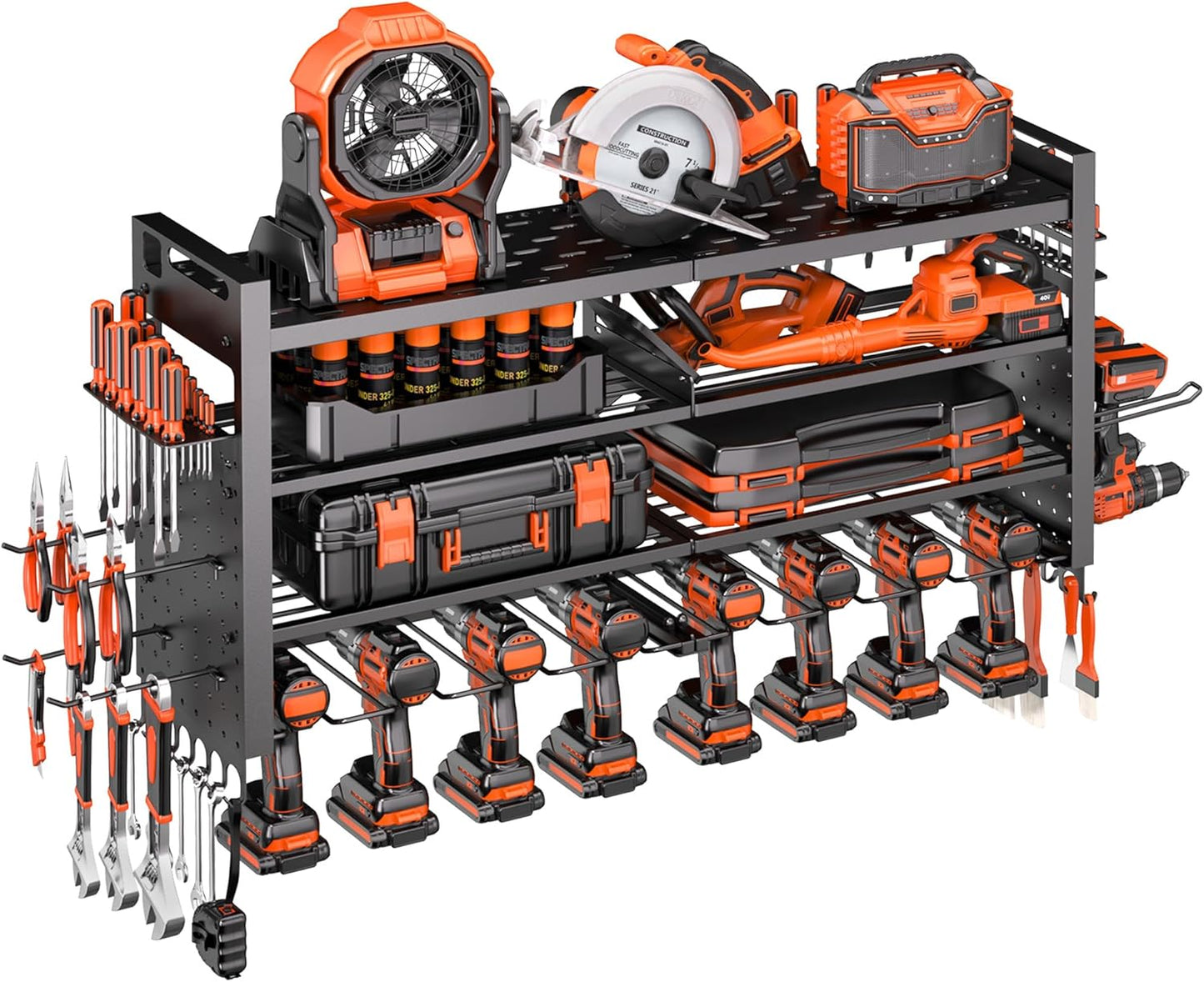 33" W Power Tool Organizer Wall Mount,4-Layer Heavy Duty Tool Storage with 10 Cordless Drill Holder,300 lb Capacity Garage Organization for Garage and Workshop,Black
