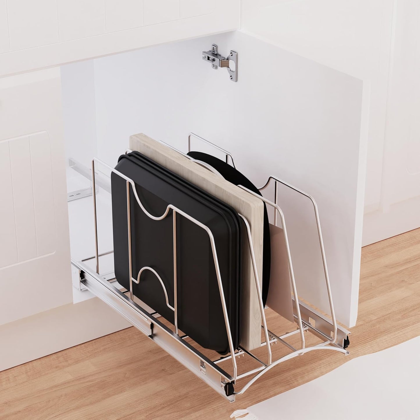 Pull Out Cookie Sheet Organizer for Cabinet, Pan and Pot Rack, Cutting Board Organizer Rack, Baking Tray Organizer for Cabinet, Adjustable Divider Width, 11" W x 22" D x 11.8" H, Chrome