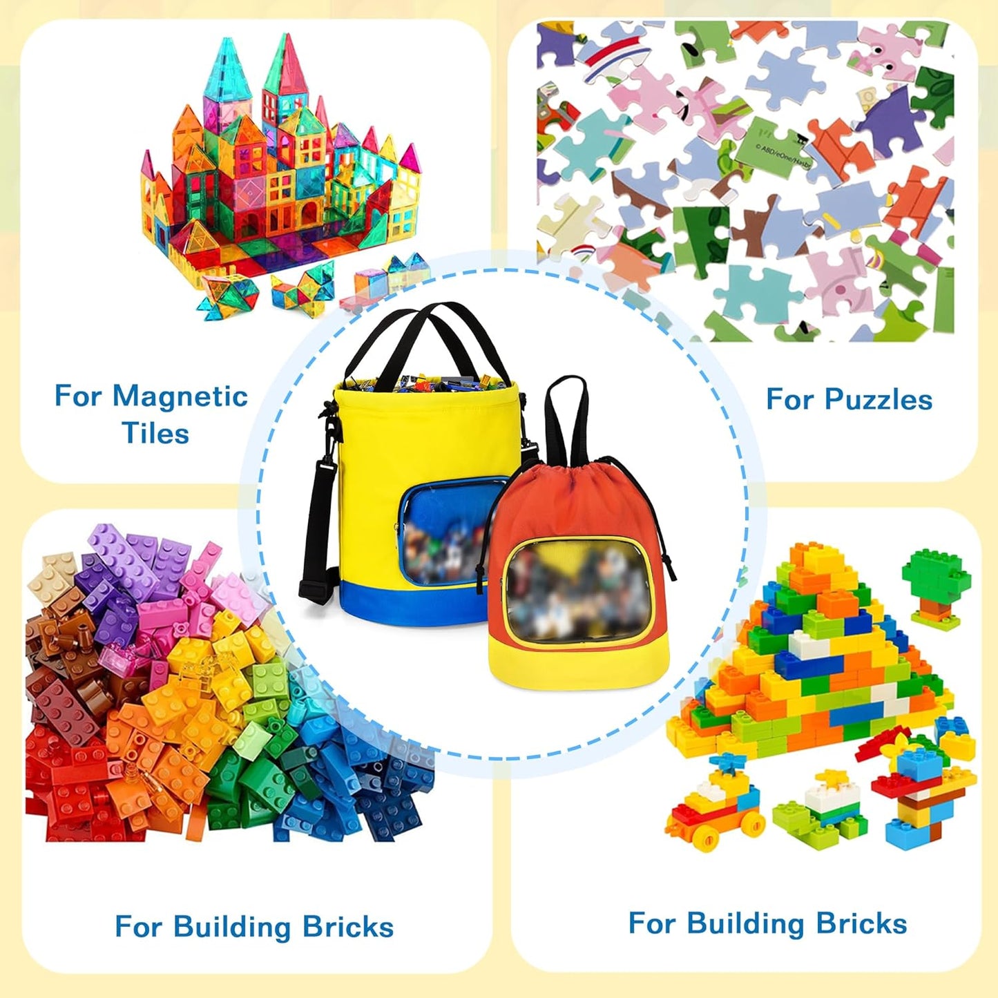 2 Pack Drawstring Toy Storage Bag Compatible with Lego Bricks, Toy Storage Cinch Bucket Bag for Building Blocks, Magnetic Tiles, Board Games, Puzzles