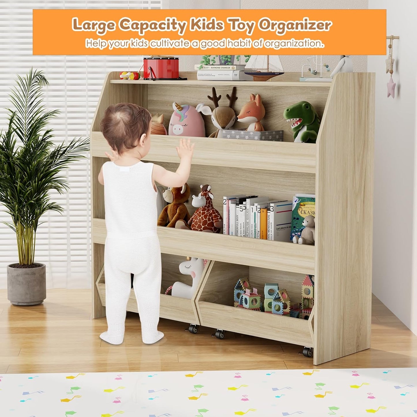 COZPAW Toy Storage Organizer, 3 Tier Montessori Shelf with Movable Bins, Toy Organizers Book Shelf for Kids Room, Playroom, Nursery (Wood)
