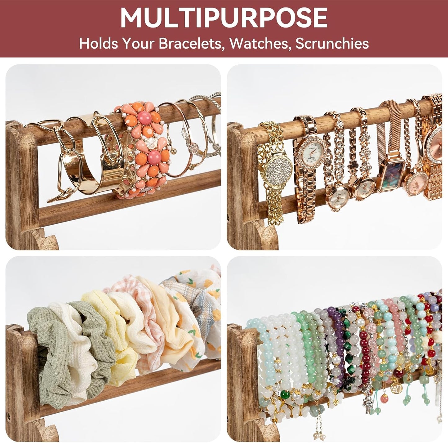 Emfogo Bracelet Holder, 4 Tier Bracelet Organizer Storage for Bracelets Bangles Watch Scrunchies, Rustic Wood Jewelry Organizer Display for Home, Vendors, Craft Shows and Store(Rustic Brown)