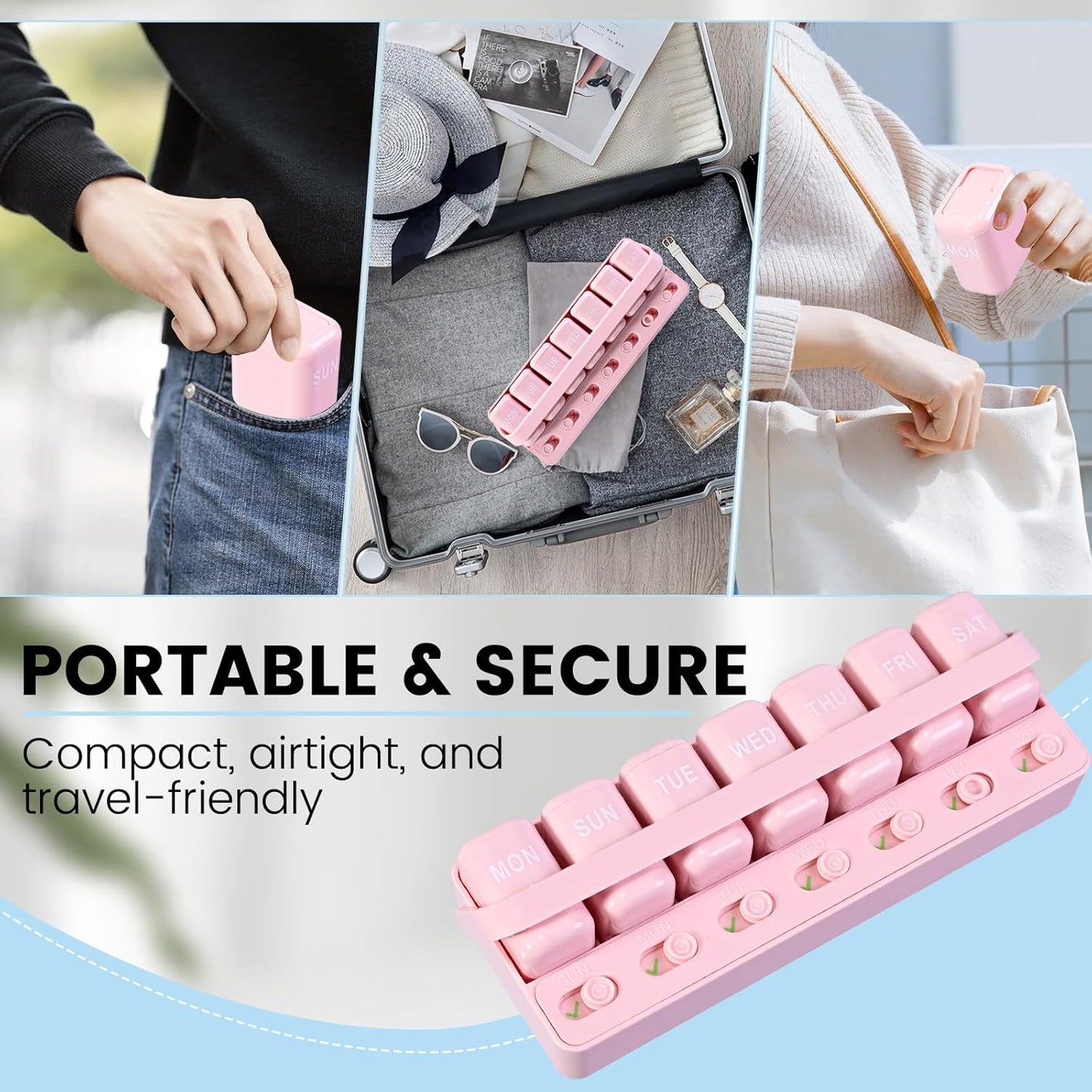 Pill Organizer Easy-Slide Lid, Removable 7 Day 1 Time a Day Pill Box, Large Travel Pill Case, Week Once Daily Medication Dispenser, Pill Container Holder for Supplement, Vitamin, Pink
