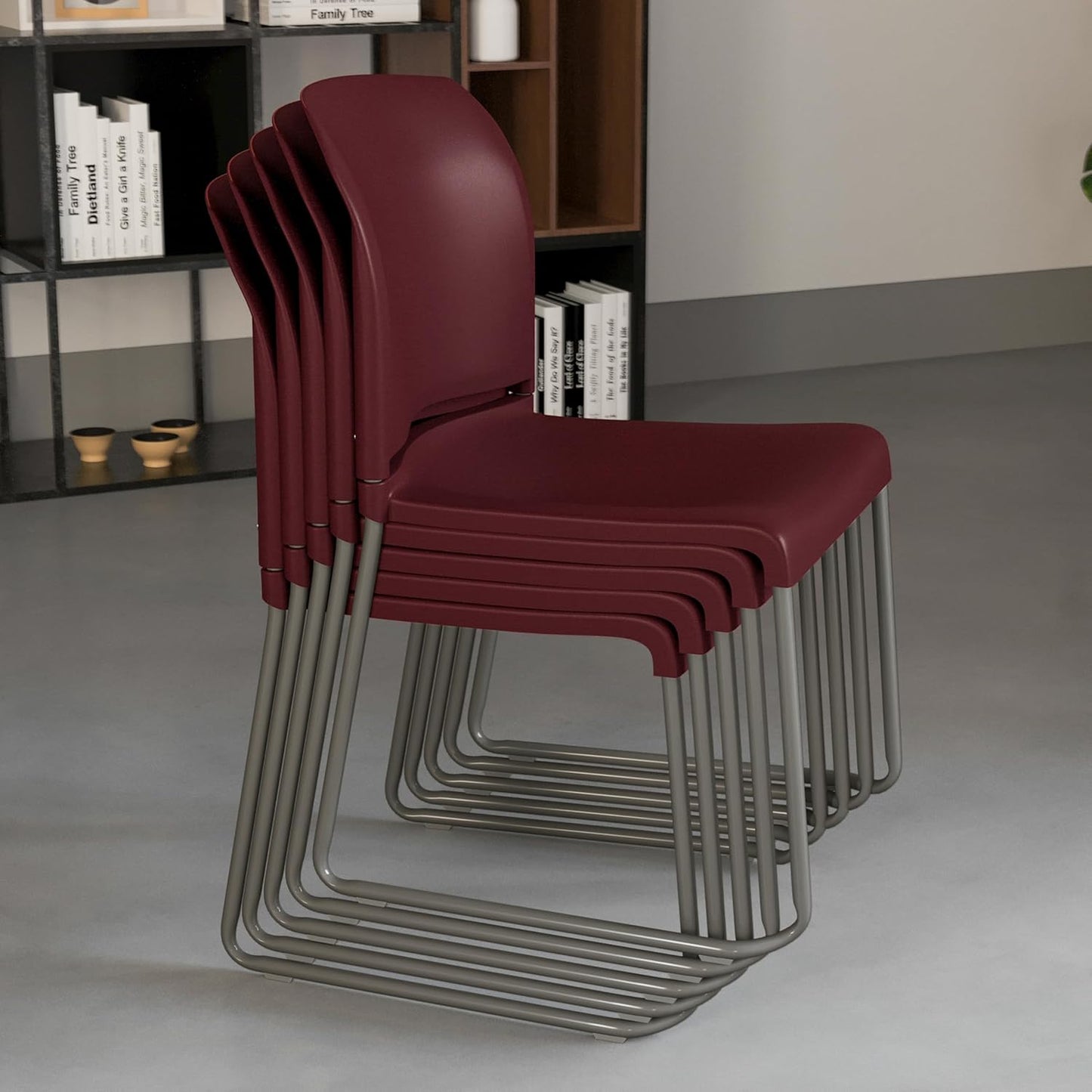 Flash Furniture HERCULES Series 880 lb. Capacity Burgundy Full Back Contoured Stack Chair with Gray Powder Coated Sled Base