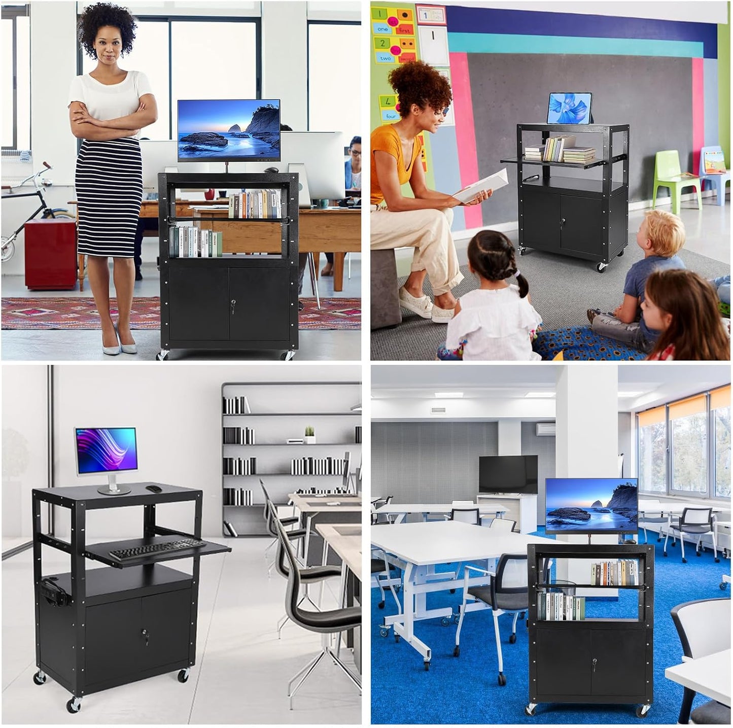 Garvee Mobile AV Cart with Lockable Cabinet, Adjustable Height Laptop Stand, Drop Leaf Workstation, Extra Storage Space, Power Strip Included, Rolling Utility Cart
