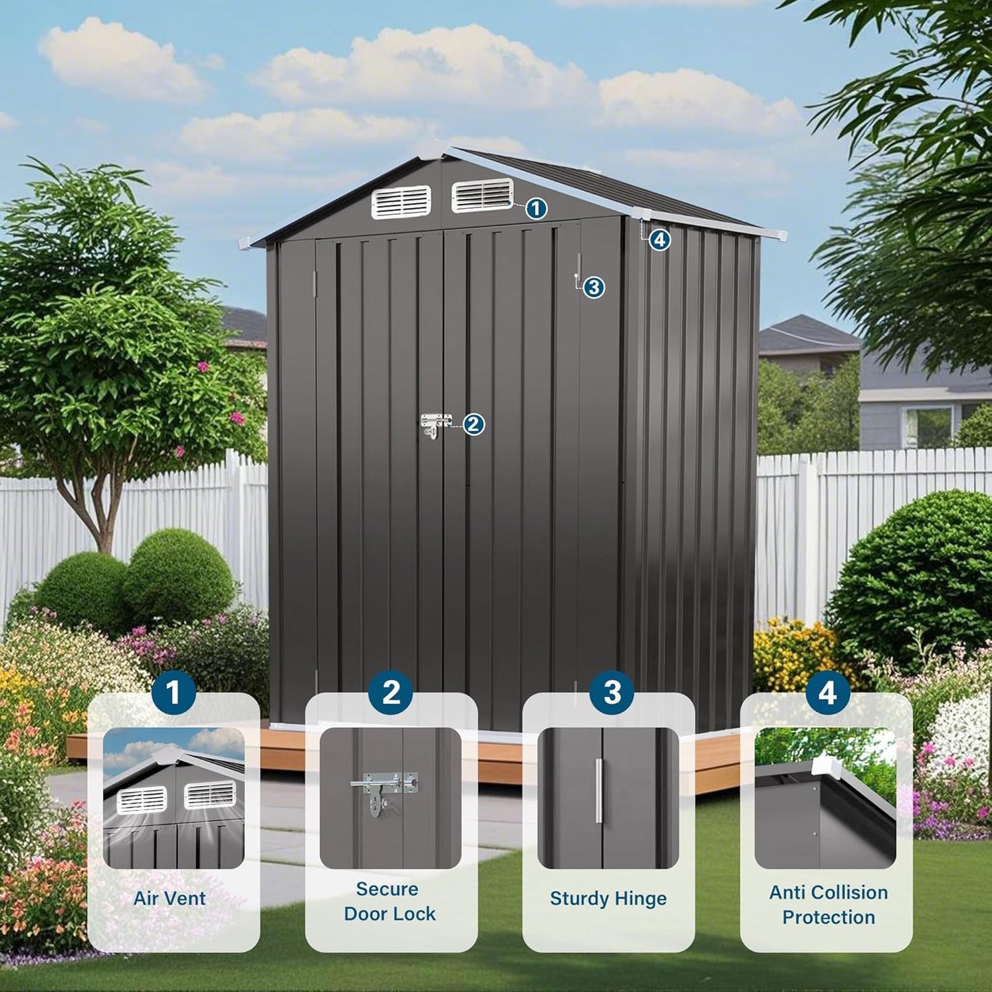 5x3 FT Outdoor Storage Shed, Metal Shed with with Peaked Roof, Lockable Door, All-Weather Lean to Resin Shed for Garden, Backyard, Patio, Lawn (Gray)