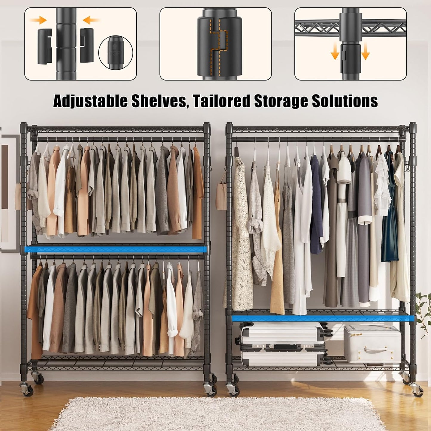 BATHWA Heavy Duty Garment Rack on Wheels, Rolling Clothes Racks for Hanging Storage, Simple Sturdy Metal Wardrobe Closet with Double Rods, 8 Side Hangers, 3 Shelves, Black