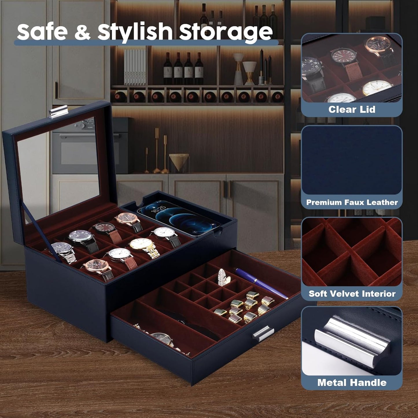 Dajasan Watch Box, Watch Case for Men, 8 Slot Watch Display Case with Glass Lid, Large Watch Holder Organizer, Watch Storage Case for Father's Day, Birthday, Christmas, New Year (Blue)