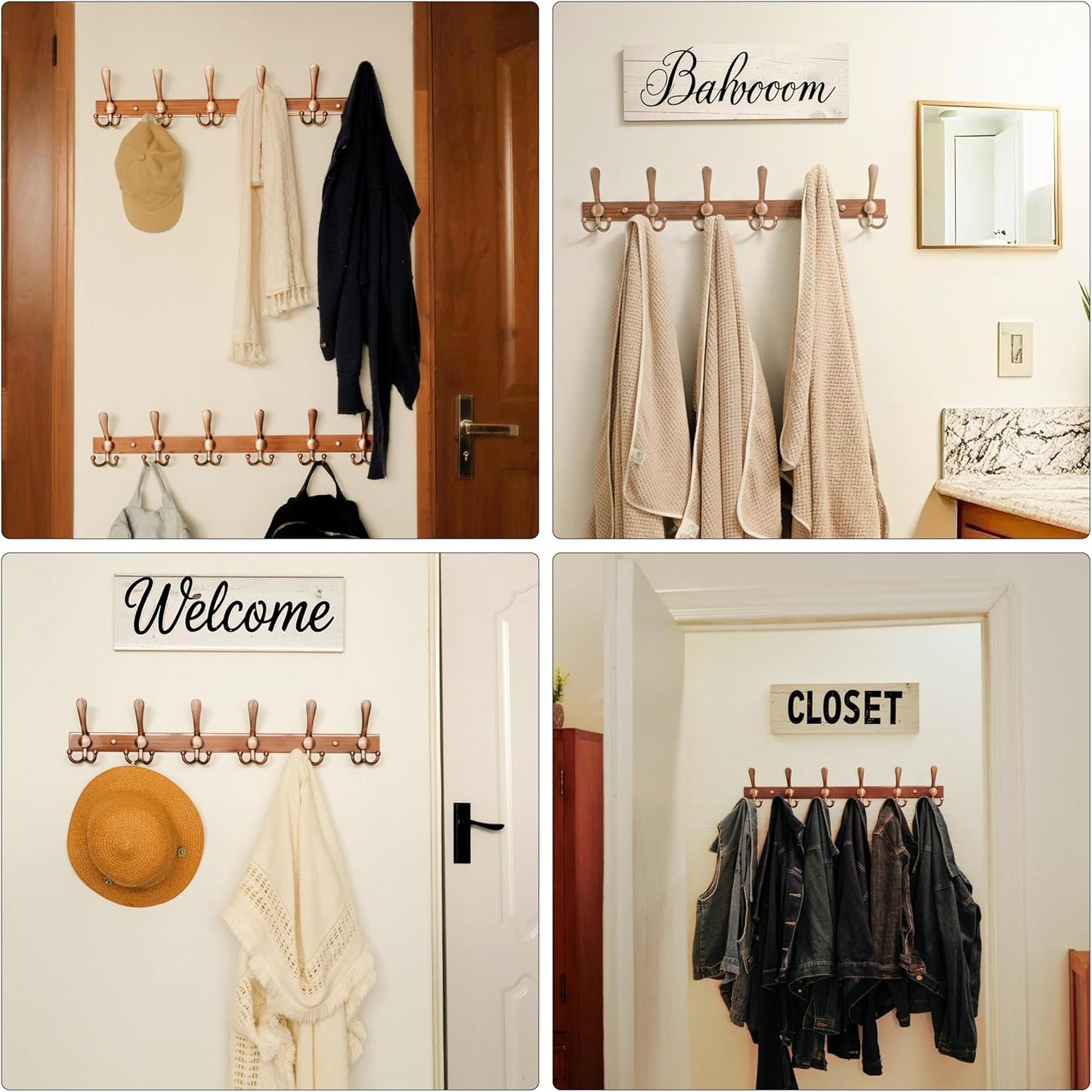 Dseap Coat Rack Wall Mount 2.0 Pro: 24” Long, 3X Tougher, Heavy Duty Stainless Steel Wall Coat Hanger with 6 Tri Hooks for Clothes Jackets Hats Entryway Closet, Antique Copper, Pack of 2
