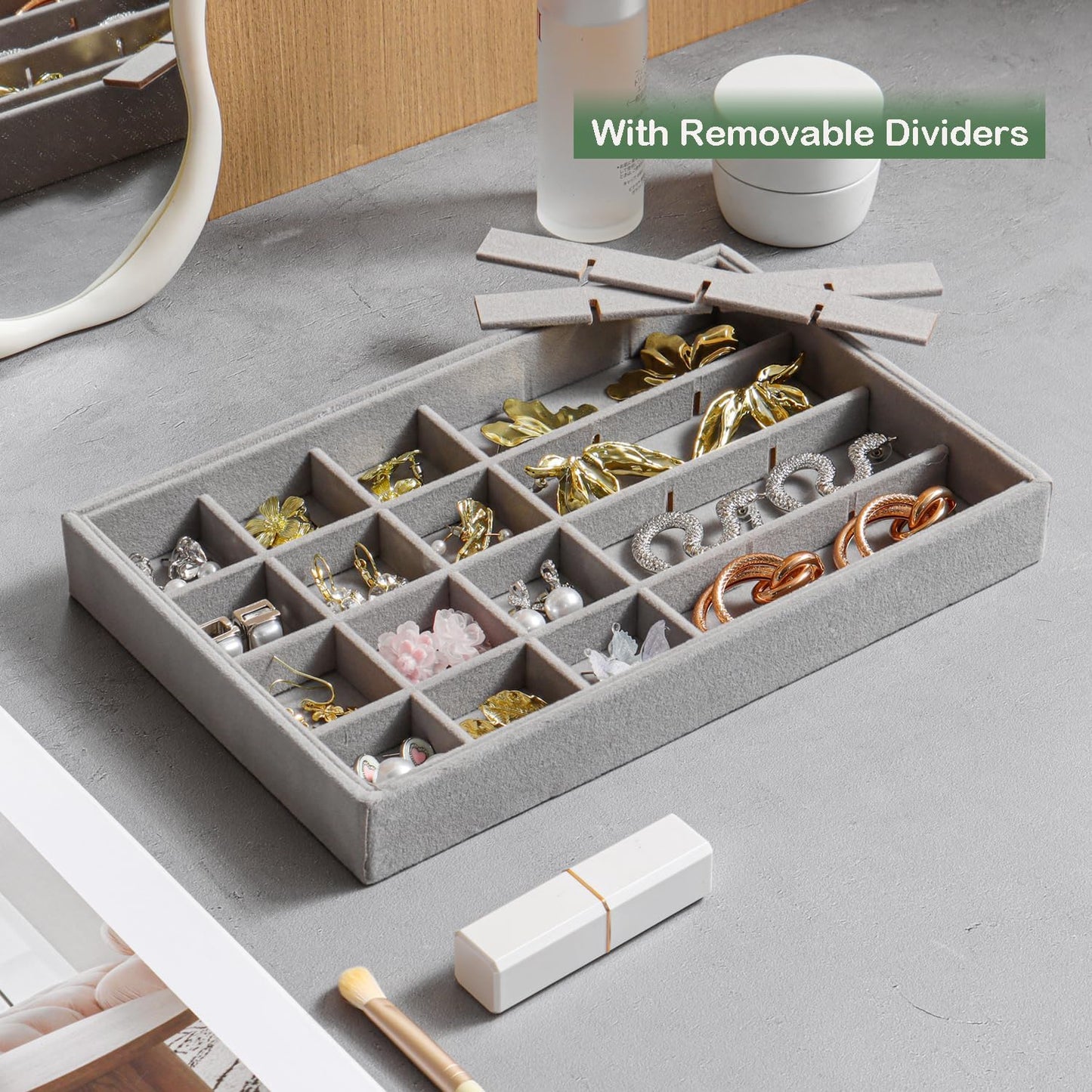 Jewelry Drawer Organizer, 4 Set of Stackable Jewelry Trays for Drawer Inserts Velvet Organizers and Display Storage for Earring Necklace Rings Bracelets (Gray)