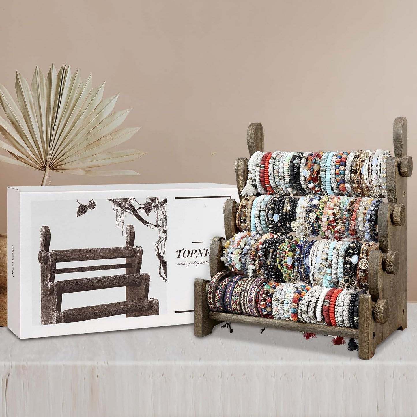 TOPNEW 4 Tier Wooden Bracelet Holder, Scrunchie Bangle Watch Necklace Display Storage Jewelry Holder Stand Display Organizer, Brown