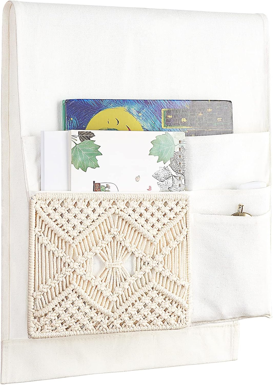 Mkono Couch Bedside Caddy Boho Remote Control Holder Macrame Armrest Storage Sofa Organizer with 4 Pockets for Magazine, Books, Tablet, Sunglasses, Cell Phone, IPad, Home Dorm Room Decor, Ivory