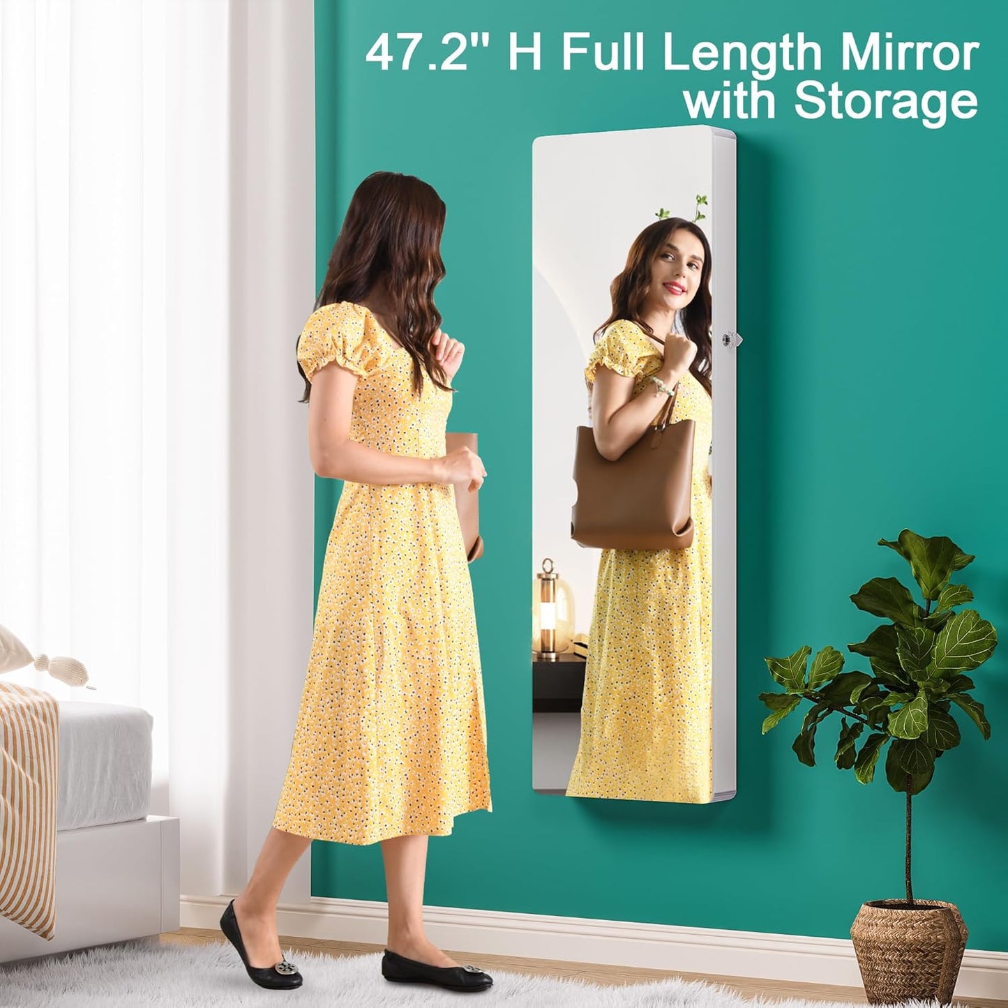 HNEBC LED Mirror Jewelry Cabinet,47.2" Wall Mounted Jewelry Organizer with Full-Length Mirror,Over The Door Hanging Jewelry Armoire Storage Cabinet,Folding Dresser,2 Drawers,Lockable, 3 Shelves(White)