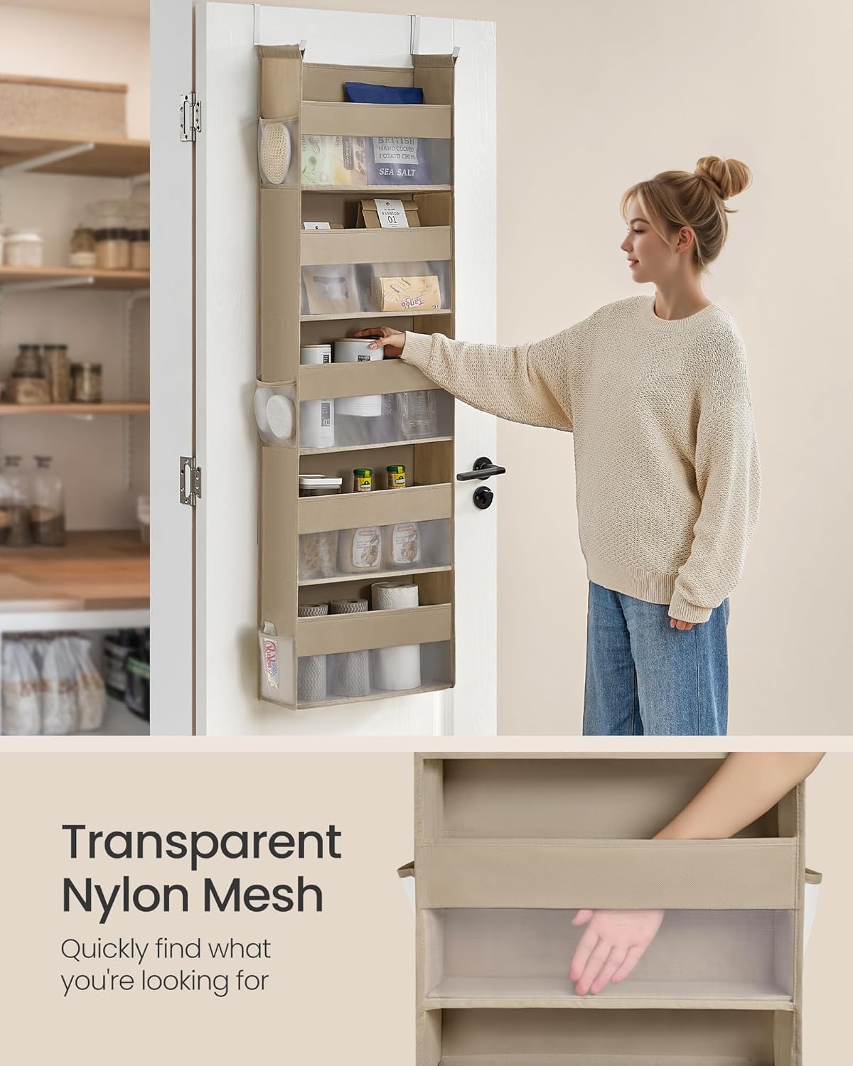 SONGMICS Over The Door Organizer, Hanging Door Organizer with 5 Large Pockets, 5-Tier Fabric Storage, Transparent Nylon Mesh, Foldable, Metal Hooks, with Side Pouches, Summer Sand URDH007Y01