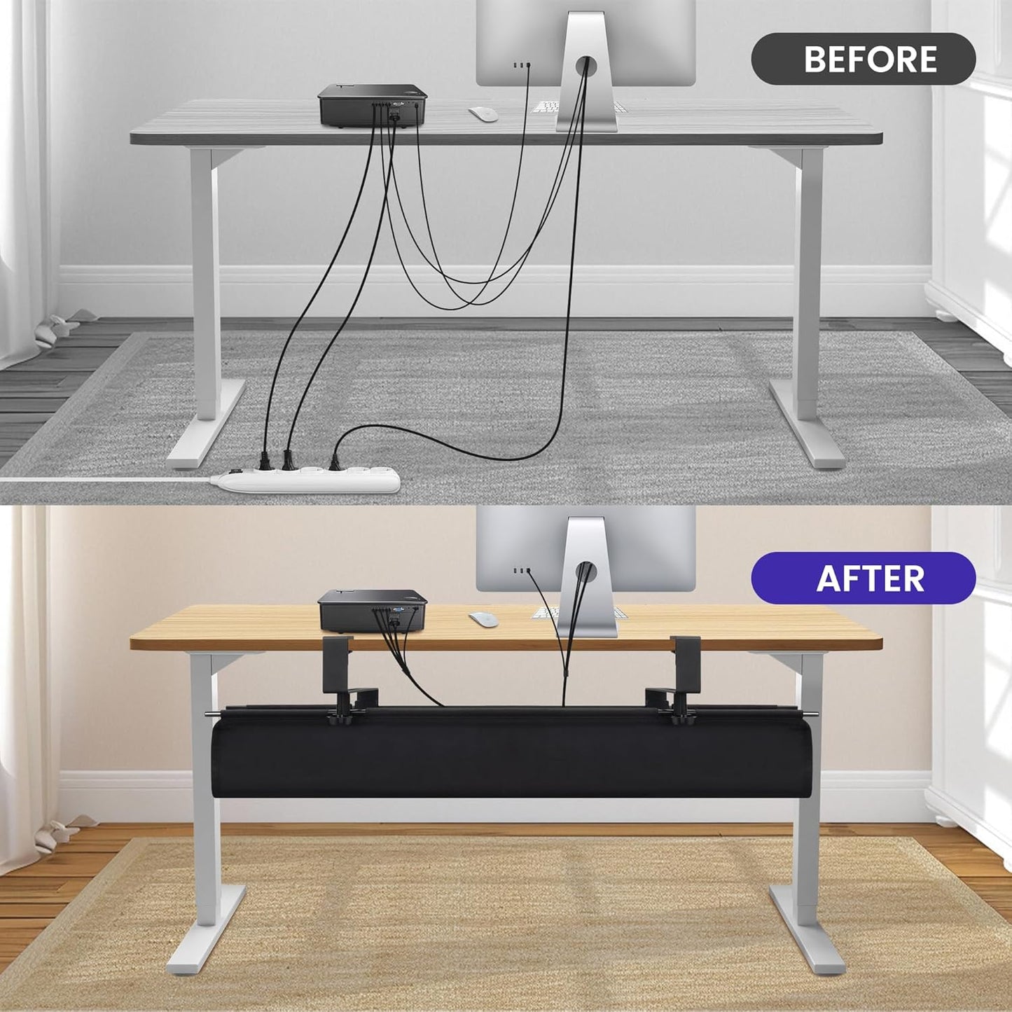 Under Desk Cable Management Tray, Clamp-On Cord Organizer,No Drilling Required, Holds Up to 22 lbs, for Cords, Routers, Power Strips (Black, 28.4inch)