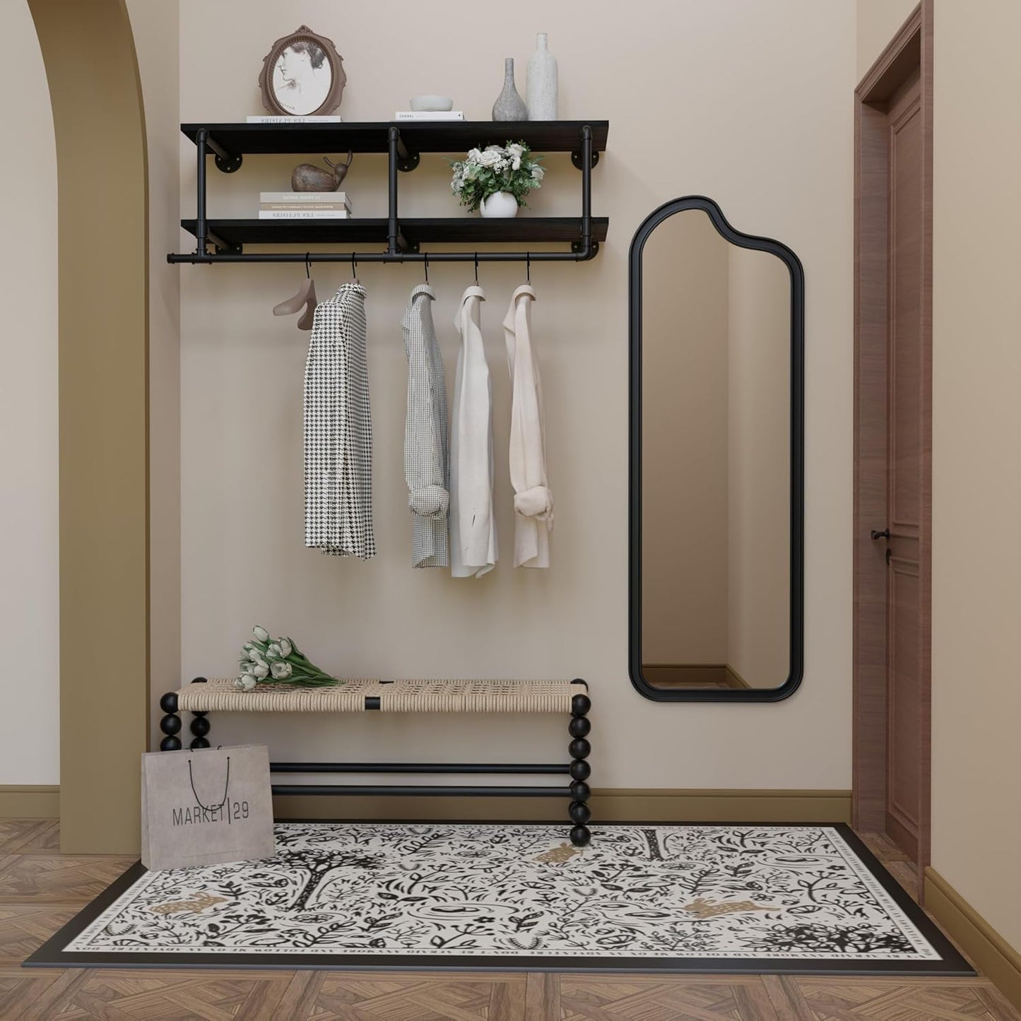 Wall Mounted Clothes Rack 12 Inch Deep, 48 Inch Heavy Duty Garment Rack with Real Black Wood Shelf, Multi-Purpose Hanging Rod & Space-Saving Closet Storage Organizer