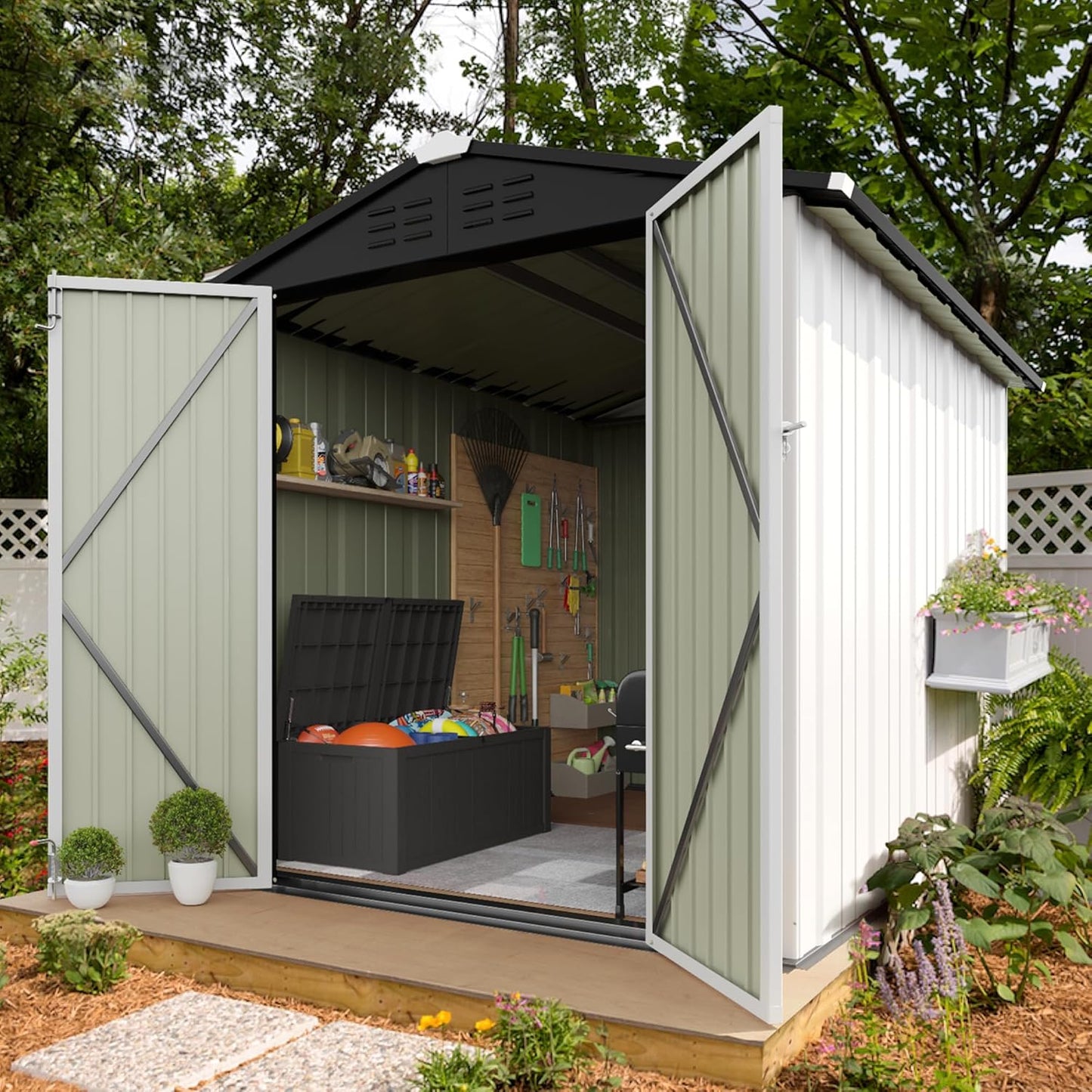Flamaker 6x8 FT Storage Shed Waterproof Metal Garden Shed with Lockable Door Utility Tool Shed Outdoor Storage for Backyard, Patio and Lawn, White
