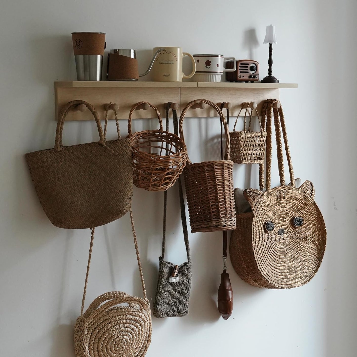 Entrance Coat Rack ,Coat Hooks, Wall-Mounted Wooden Hook Rack, Wall-Mounted Shelves are Very Suitable (2PC-Birch Colored Finish)