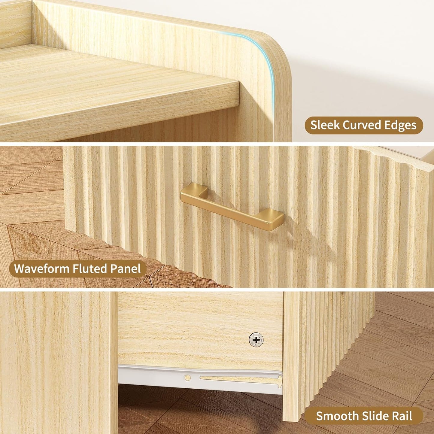 Night Stand with Charger Station, Fluted Wood Nightstand with Drawer Storage, Modern Bedside Table, Wide Nightstands for Bedroom, Mid Century Wooden Night Stands for Home Office Sofa Couch