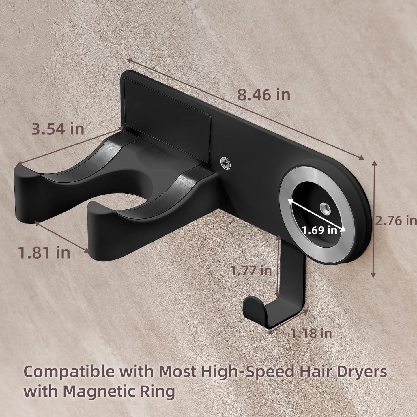 Hair Dryer Holder Wall Mounted, Hair Dryer Organizer Self Adhesive Compatible with Dyson Blow Dryer Holder Aluminum BlowDryer Holder Wall Mounted for Bathroom Black