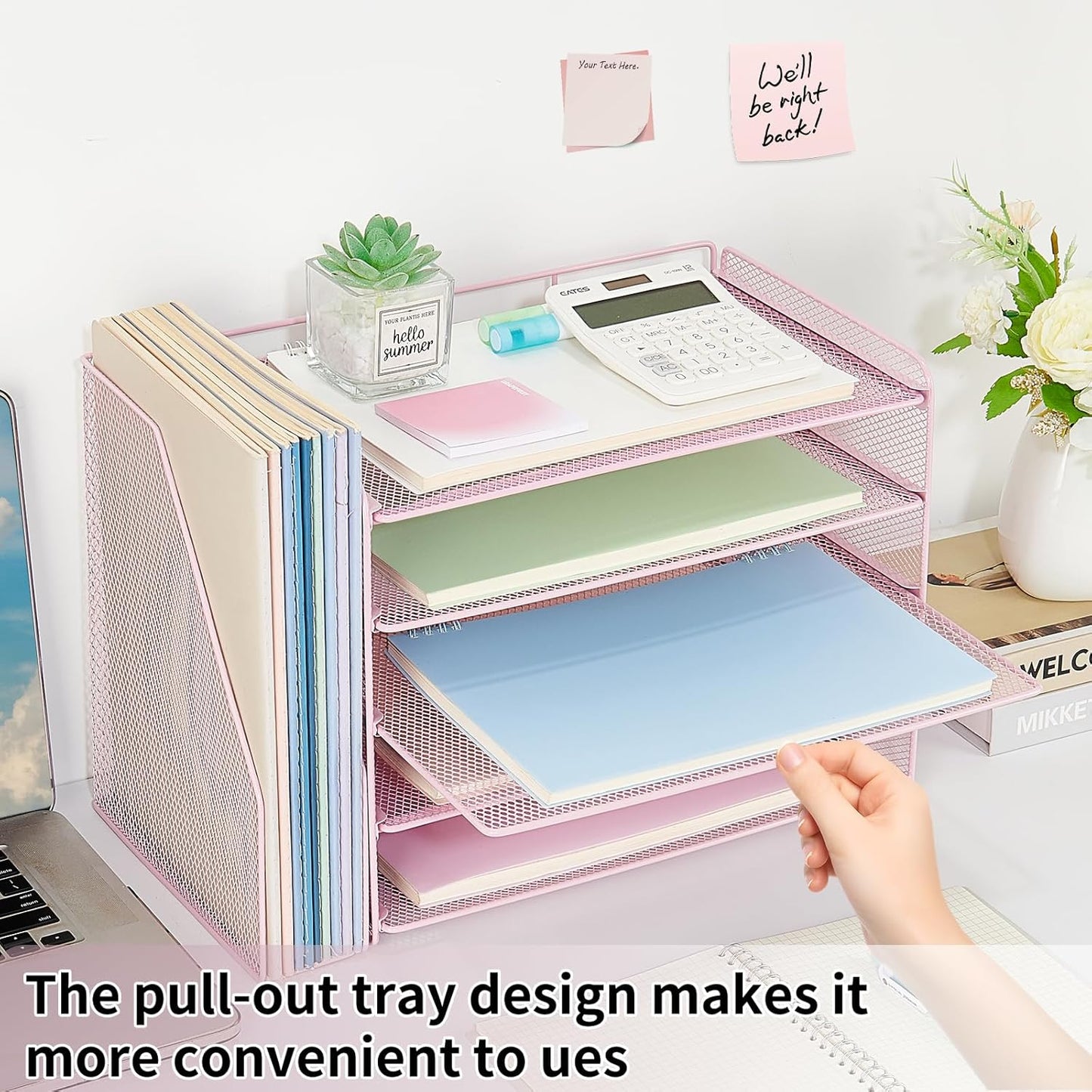 OPNICE 5-Tier Paper Organizer with Magazine Holder, Desk Organizers and Accessories, Office Desk Accessories & Workspace Organizers, Desktop File Organizer for Office Supplies Storage, Pink