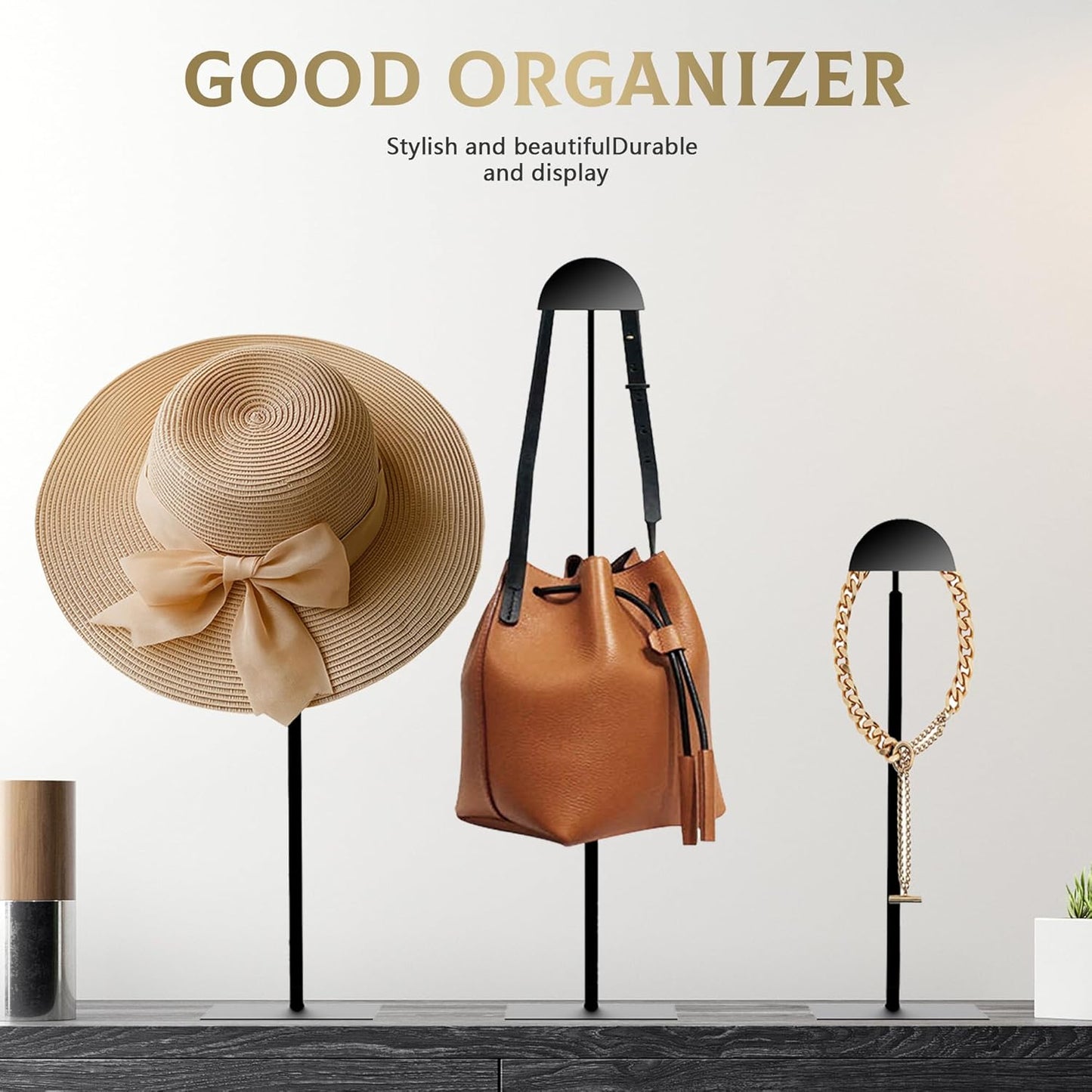 Purse Display Stand Adjustable Height Black Purse Rack for Handbags Necklaces Scarves Hats & Headphones 14" - 24" Purse Hanger Shelf for Retail Display
