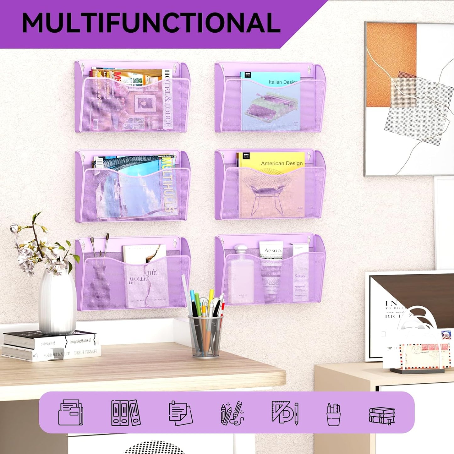 3 Single Pocket Wall File Holder, Mesh Hanging File Folder Paper Organizer, Vertical Wall Mounted Mail Basket, Storage Organization Magazine Rack for Office, Home and School, Light Purple