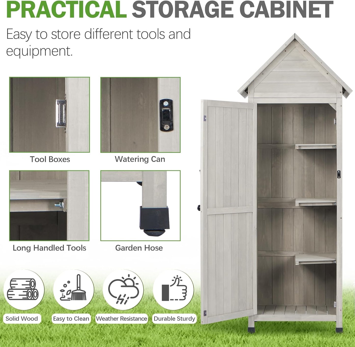 Wooden Outdoor Storage Cabinet with Waterproof Metal Roof Vertical Garden Tool Shed Adjustable Shelves, Perfect for Yards, Patios, Decks and Porches (Light Gray, 22" x 26" x 67")
