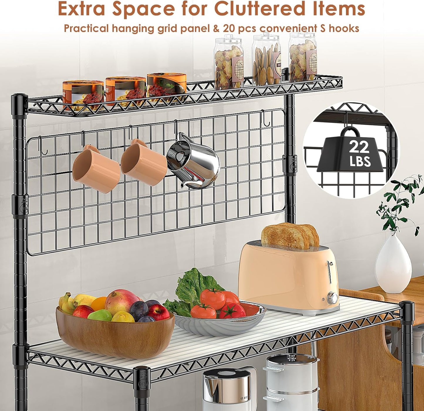 Leteuke Bakers Rack with Storage & Wheels, 42 Inch Microwave Stand Kitchen Shelves, 4-Tier Heavy Duty Storage Rack with 20 S-Hooks, Commercial Metal Utility Kitchen Cart, 42× 18× 63 Inch, Black