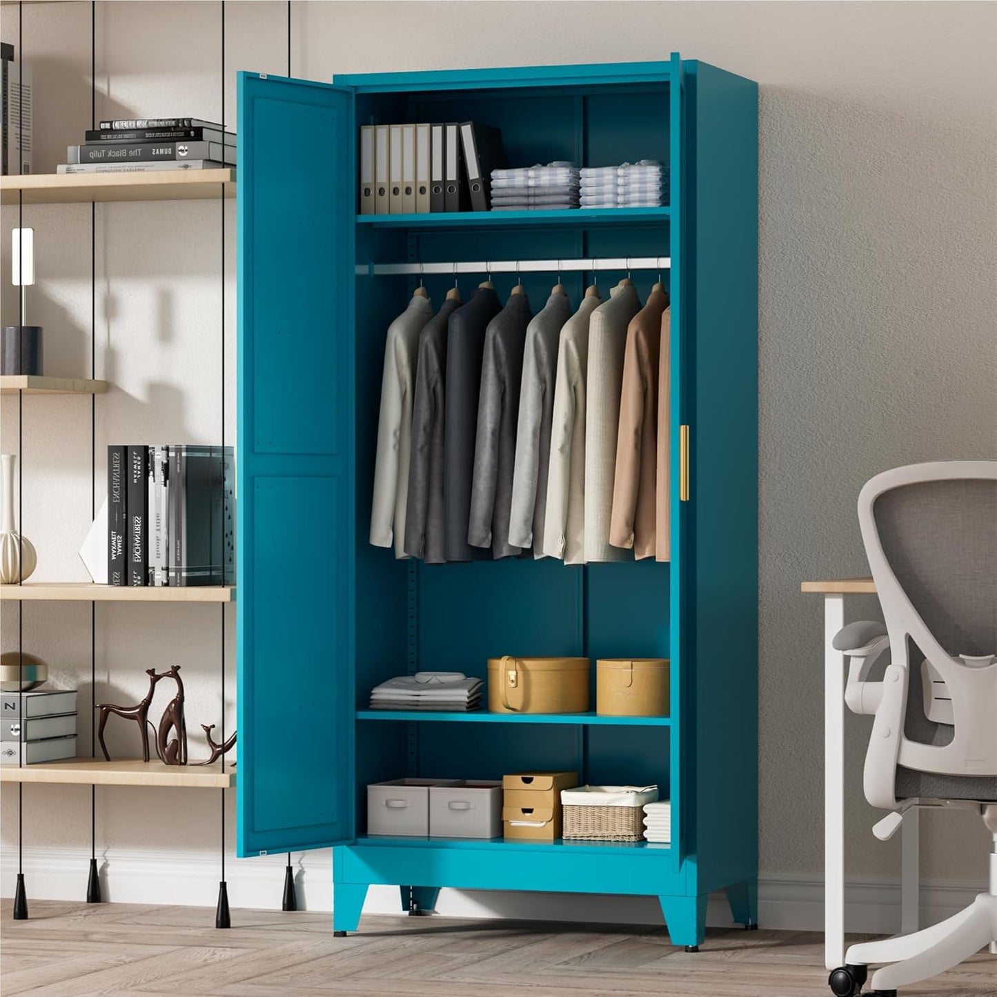 71" Tall Metal Wardrobe Closet with Adjustable Shelves and Hanging Rod, 2 Doors Free Standing Armoire Wardrobe Cabinet for Bedroom, Office, Laundry Room, Blue