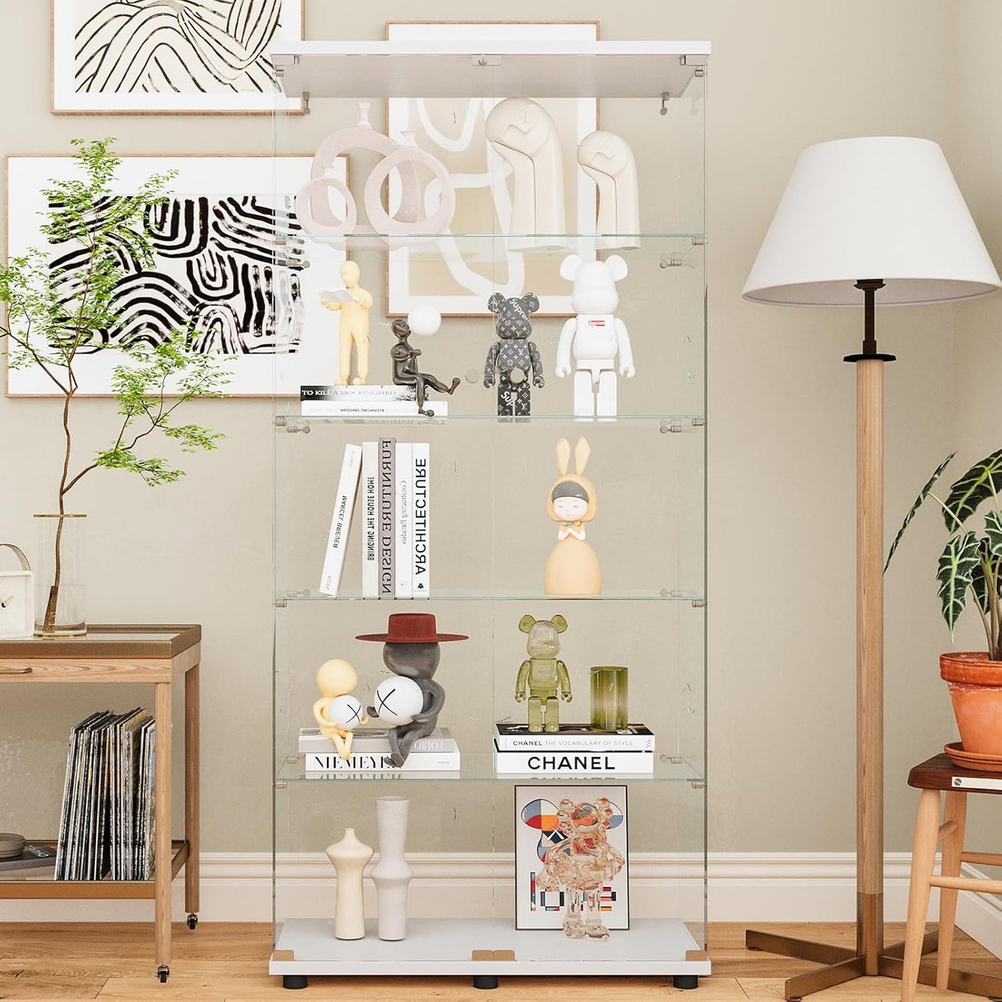 Beauty4U Glass Display Cabinet with 5 Shelves, Curio Cabinets for Living Room, Bedroom, Office, White Floor Standing Glass Bookshelf, Quick Installation