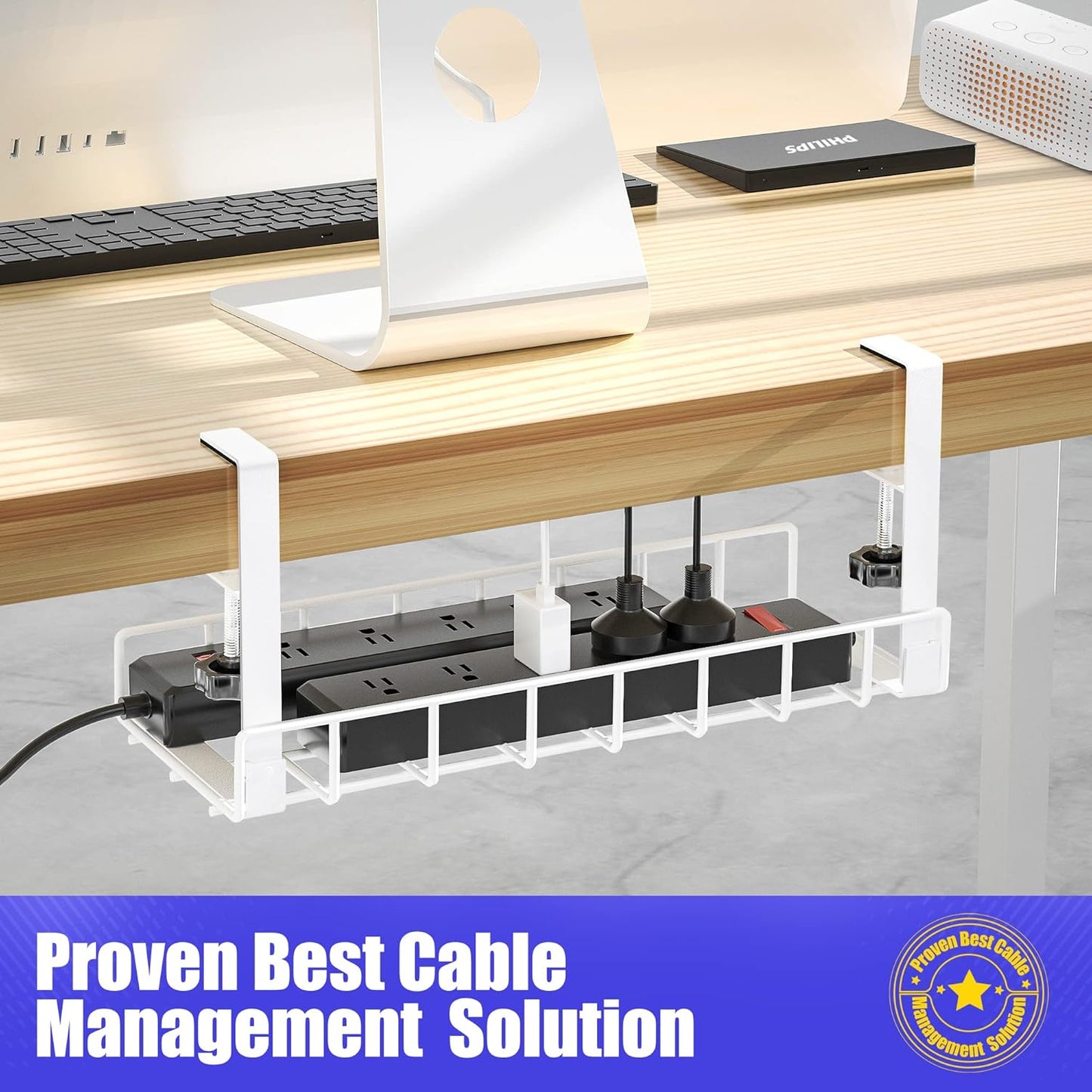 Under Desk Cable Management Tray, Xpatee Upgraded Wire Management No Drill No Screws, Cable Tray with Clamp for Wire Organizers, Computer Cord Rack for Office, Home - No Damage to Desk White