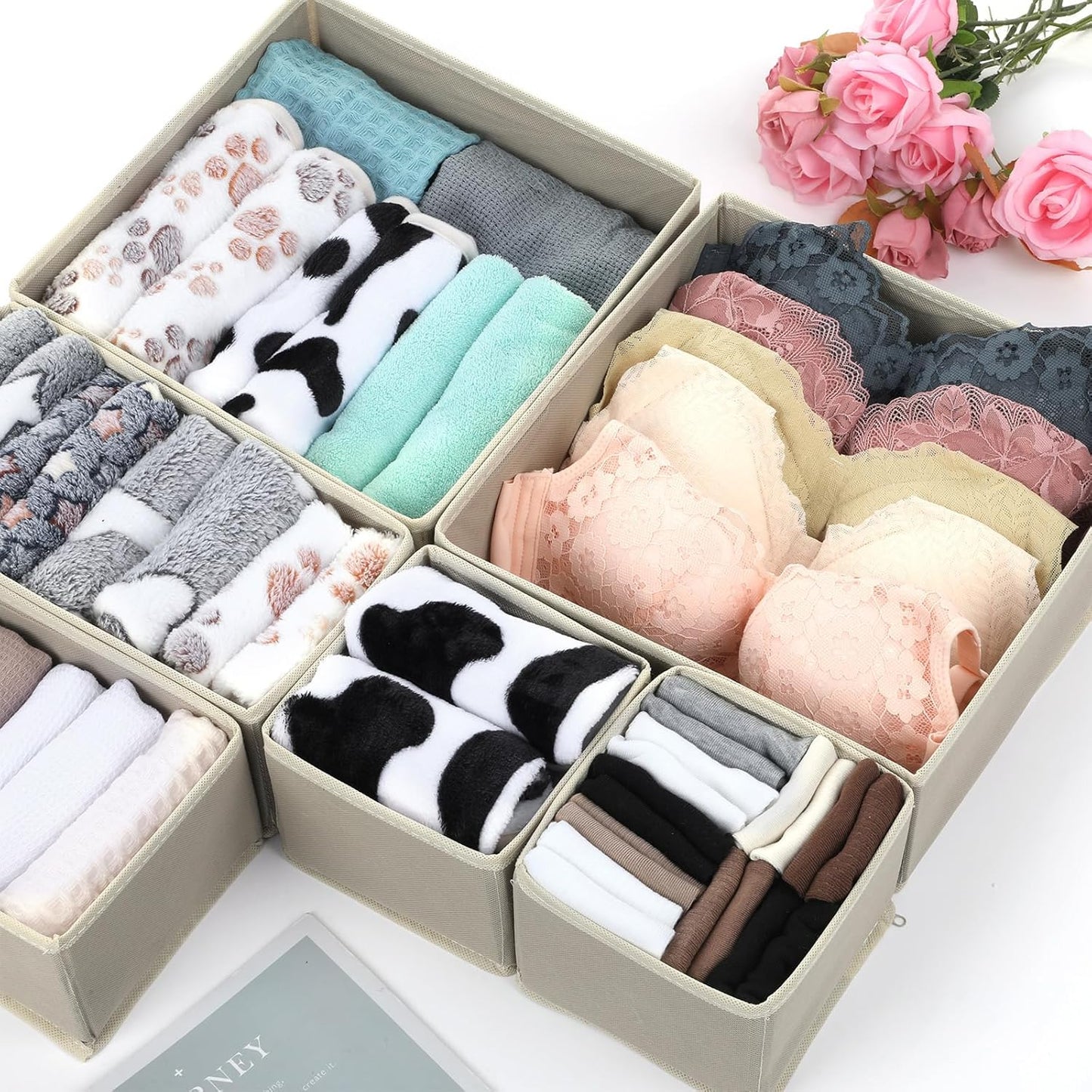 SHENLIU 12 Pack Foldable Cloth Storage Box, Drawer Organizer Clothes, Underwear Organizer, Closet Organizers and Storage Dresser Dividers for Clothes Underwear Bras Socks Lingerie Clothing, Beige