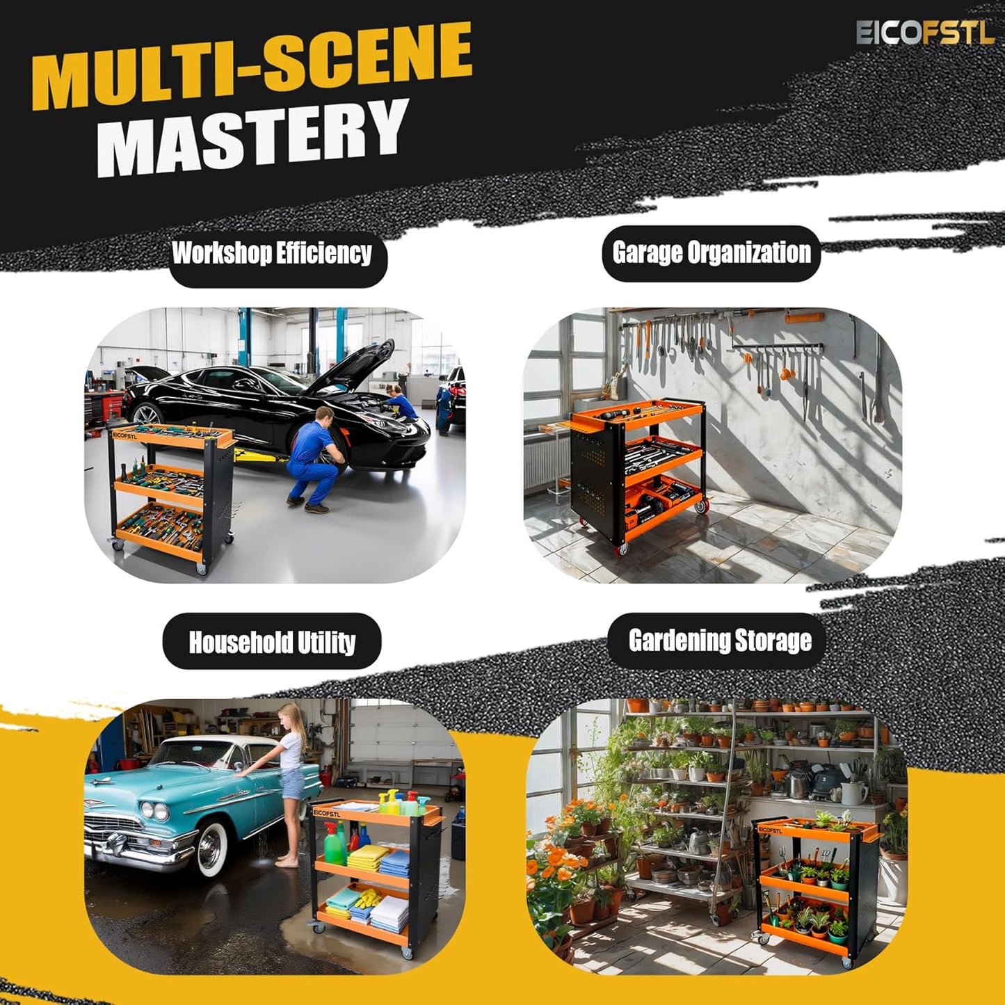 Stainless Steel Utility Cart with Pegboard & Screwdriver Holder, Heavy-Duty Alloy Steel 3-Tier Tool Cart, 500LB Capacity, 4 Wheels with 2 Locking Casters for Garage, Workshop, Home